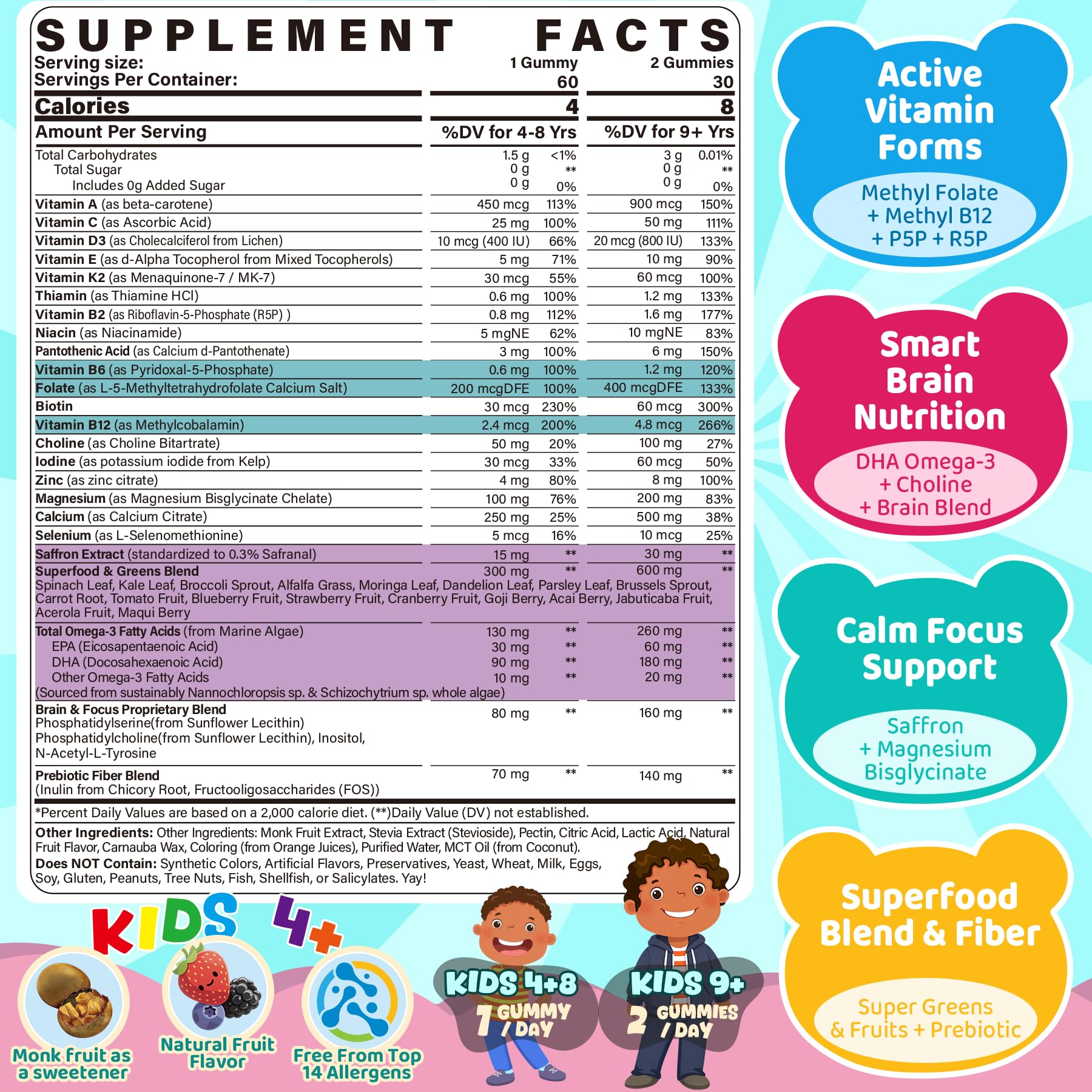 Kids Methylated Multivitamin Gummies, Kids 4+ Vitamins with Omega 3 & Fiber — Amazon image 2