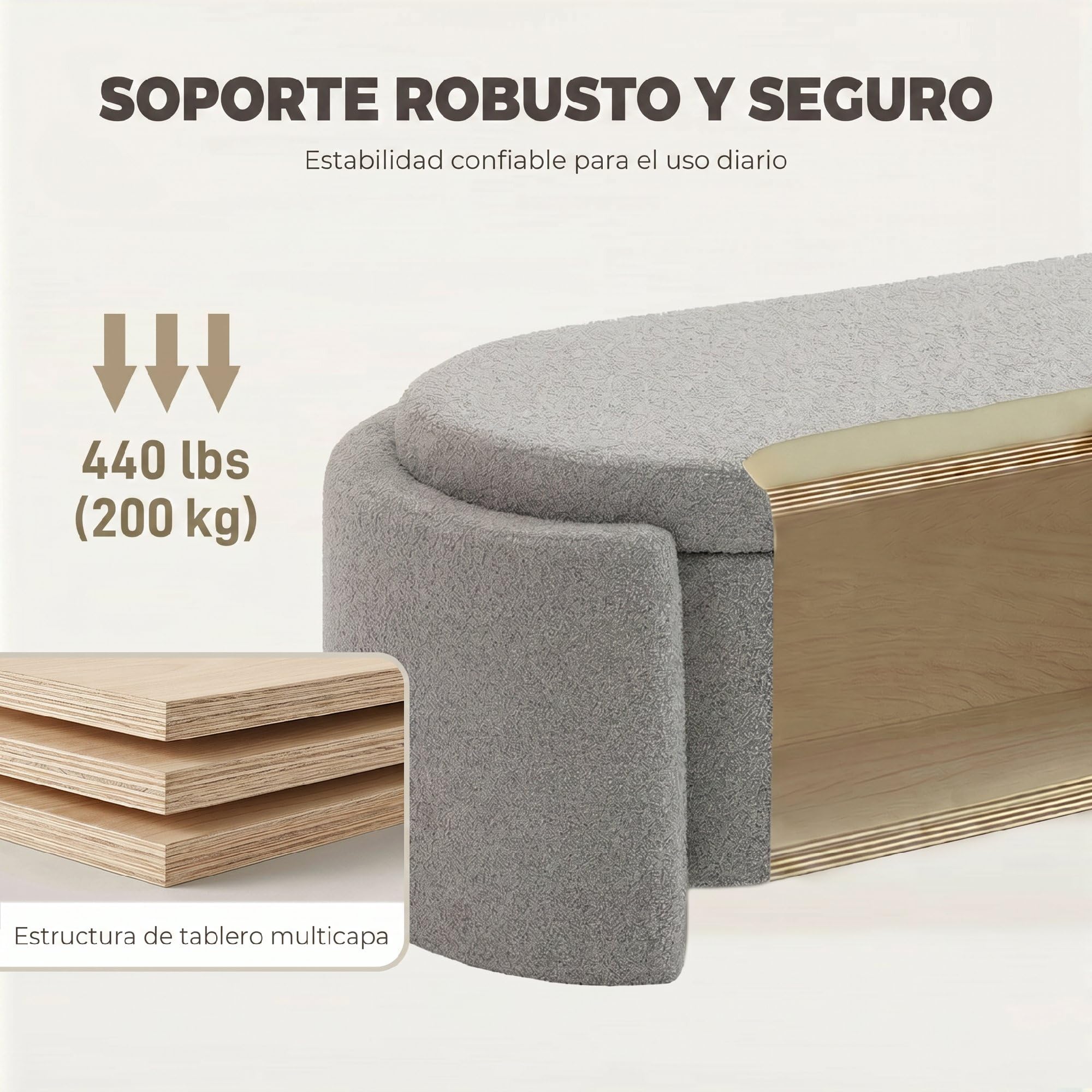 HOMCOM Puff Almacenaje Banco Almacenaje Ovalado 129x48,5x44 cm Gris Claro | Tapizado en Terciopelo de Teddy, Baúl de Almacenamiento, Carga 200 kg, Taburete para Sala de Estar, Dormitorio, Entrada