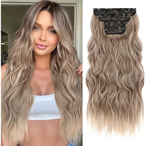 REECHO Hair Extensions, 4PCS Clip in Hair Extensions Natural Soft Synthetic Hairpieces for Women (20 Inch-200 Gram (Pack of 4), Ash Brown with Blonde Ends)