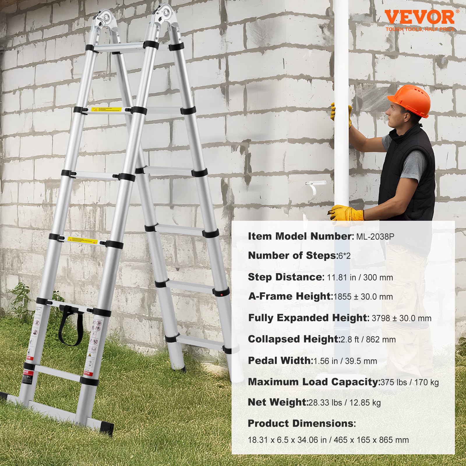 VEVOR Drabina teleskopowa, 1,85-3,79 m, aluminiowa drabina wysuwana w kształcie litery A, lekka, składana drabina z wielokrotnym wcięciem, nośność 170 kg z drążkiem stabilizującym, wielofunkcyjna