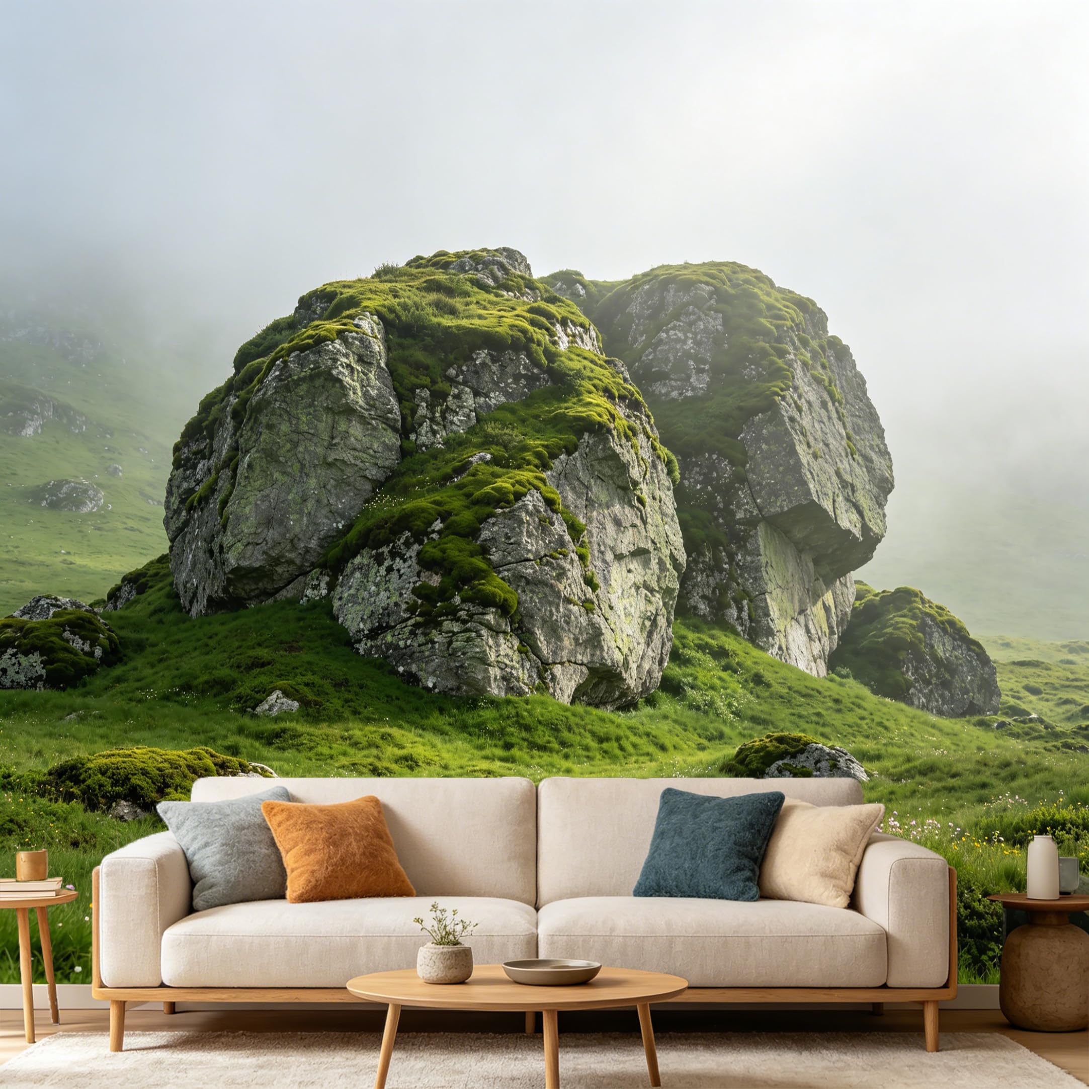 Custom Size Wall Mural， Misty Mountain Landscape Mossy Rocks Highland Nature， SelfAdhesive Art Prints wall Fabric Removable Large Wallpaper Home Living Room Decor