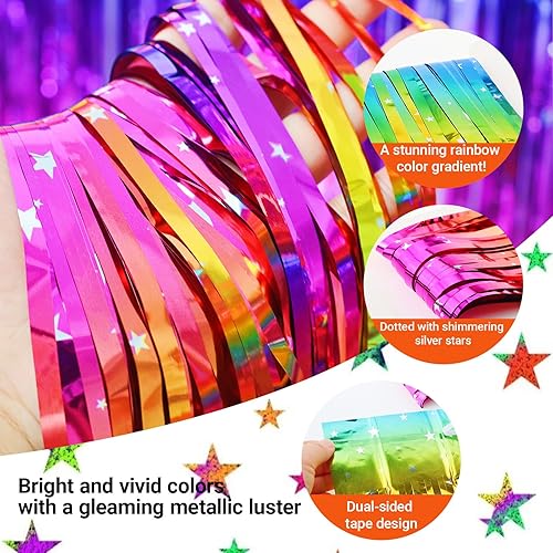 Miniatura 3 de Aduck Telón de fondo de cortina de flecos de papel de aluminio arcoíris brillante, serpentinas de oropel de neón degradado para cumpleaños,