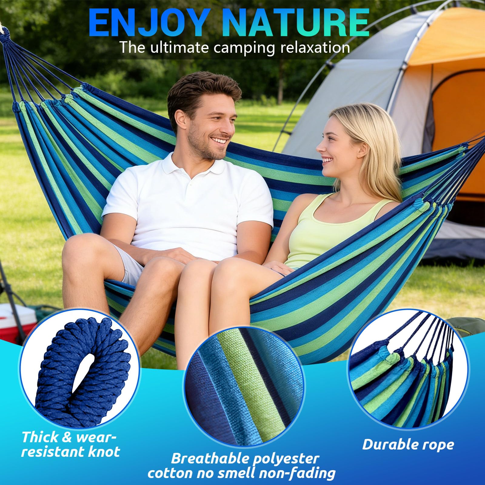 Amaca da Campeggio Doppia 200x150cm 250kg con Cinghie in Nylon e Moschettoni