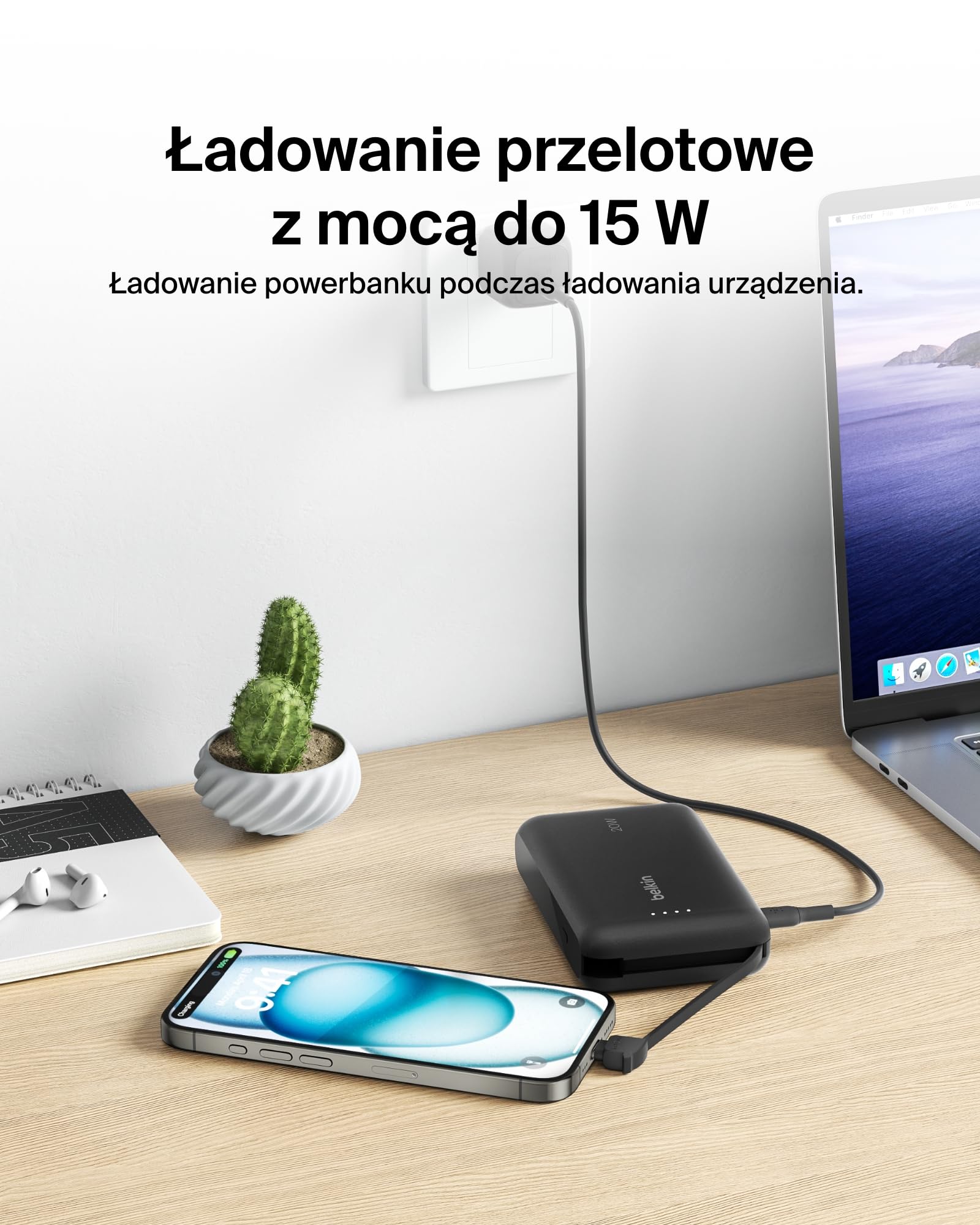 Belkin BoostCharge powerbank, przenośny powerbank 10 000 mAh PD 20 W ze zintegrowanym kablem – szybkie ładowanie USB-C Power Delivery dla urządzeń iPhone serii 16, iPad Pro, Galaxy S24 i innych