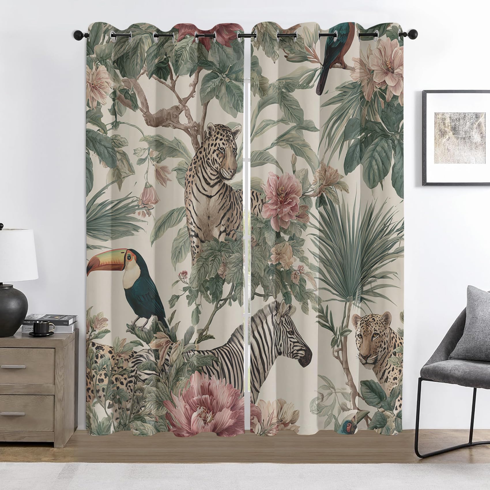 Rideau Occultant Jungle Tropicale, Rideaux Motif Safari Animaux, Rideau Thermique Chambre Salon Fenetre, Fleurs Feuilles de Palmier Lot de 2 Rideaux et Draperies Intérieurs à Oeillets, 140x240cm, yi5