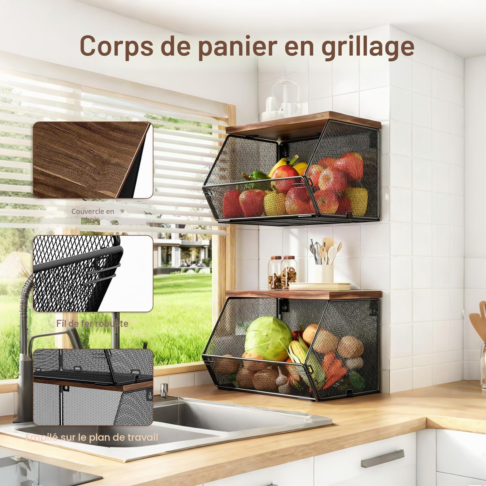 Panier Fruits, 2 Etages Panier a Fruit Etagere de Murale Cuisine | Empilable Rangement Legumes, avec Un Couvercle en Bois et Crochets pour Fruit Basket pour Rangement Fruits et Légumes