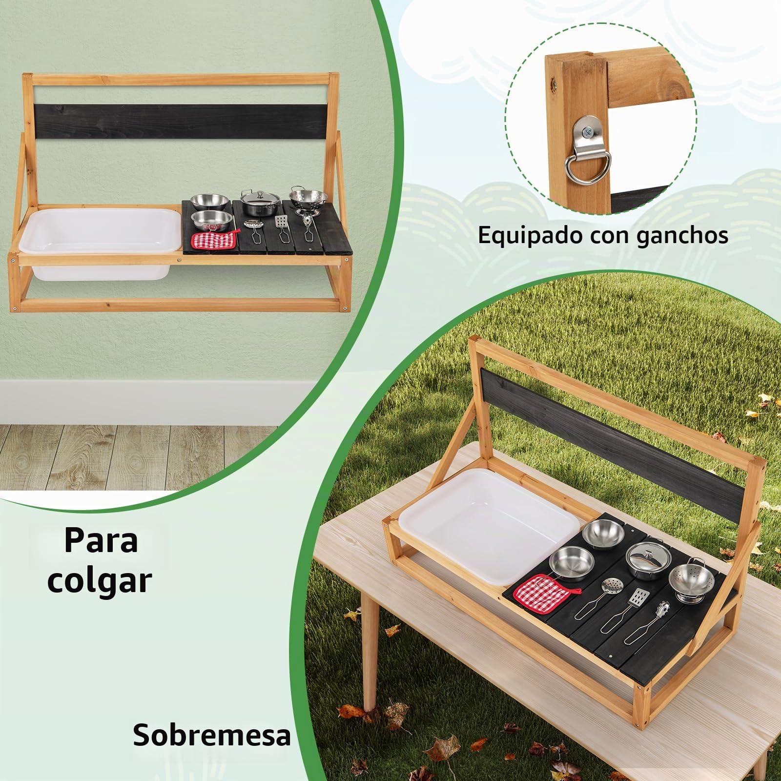 HOMASIS Cocina de Barro y Madera de Abeto Con Pizarra, Fregadero, Accesorios y Paño, Set Infantil de Exterior para Niños de 3+ Años, 81x36x49cm, Natural