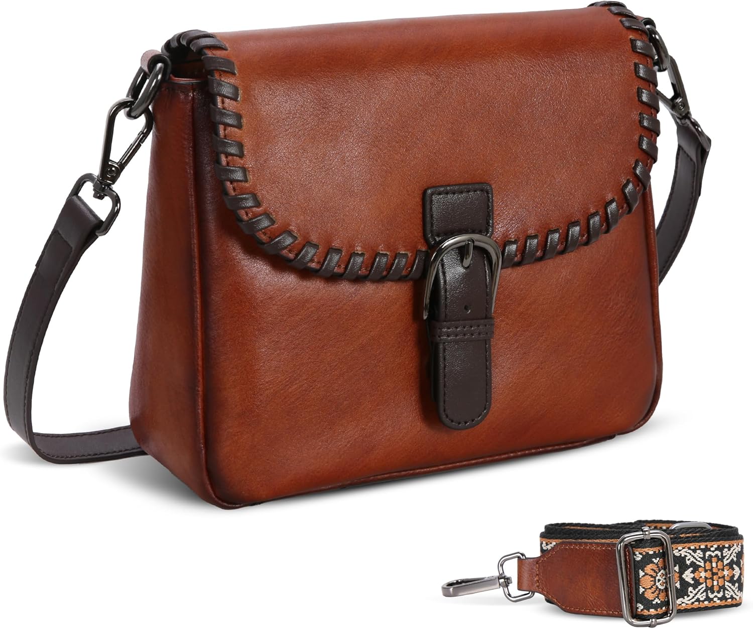 HESHE Genuine Leather Crossbody Bags for Women, Retro Small Shoulder Purses, Designer Handbags with 3 Straps Satchel Purse