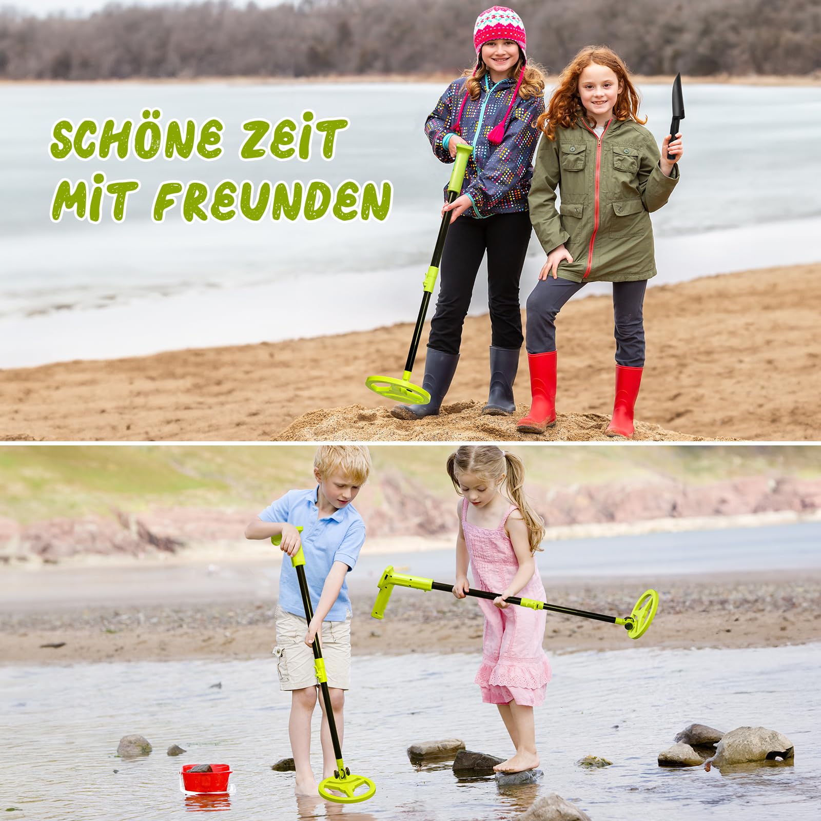 Metalldetektor Kinder, Smofrees Über USB Wiederaufladbarer Kleiner Kinder Metalldetektor, Verstellbarer 60-86cm Tragbarer metalldetektor mit lustigem LCD-Display für die Erkundung im Freien, Lichtgrün