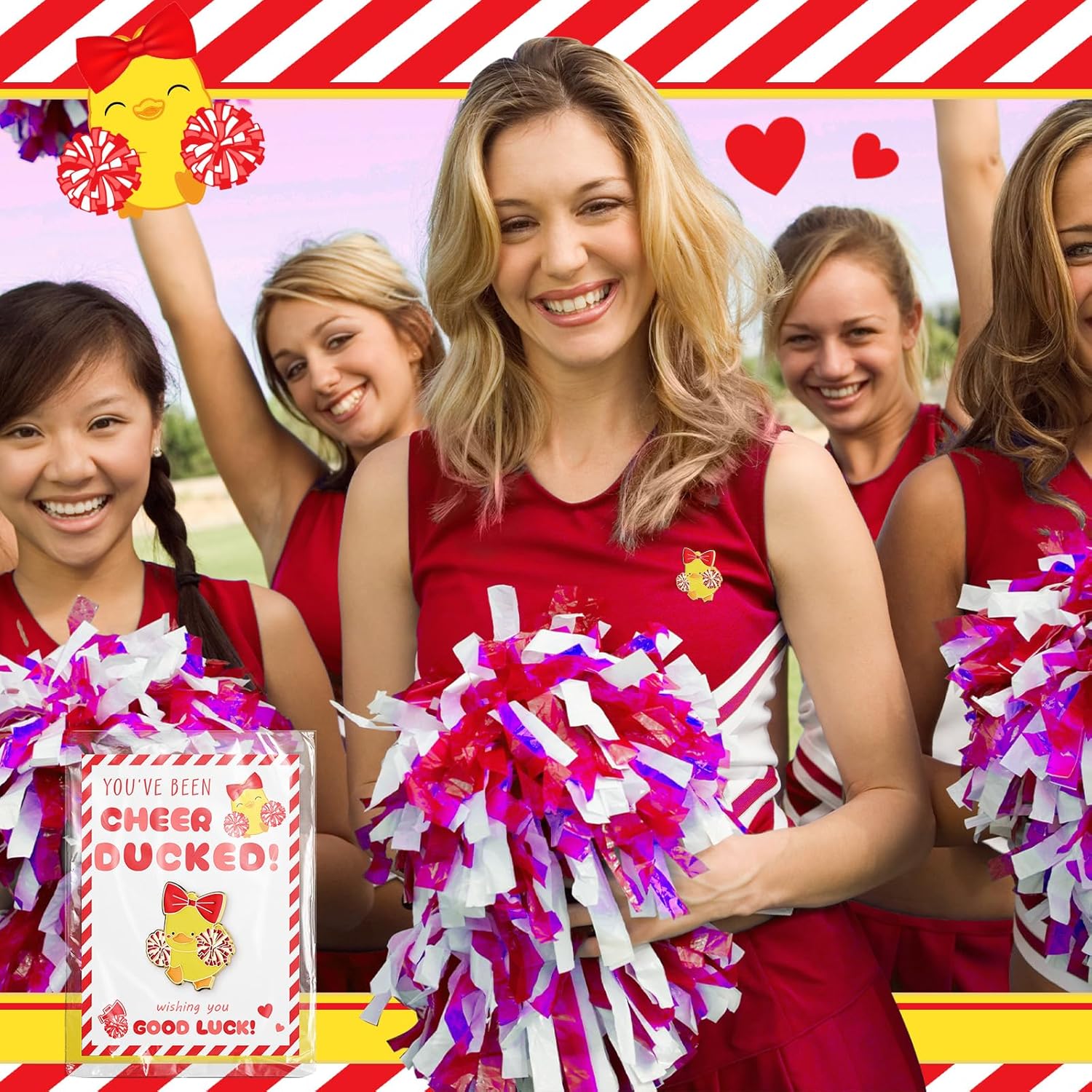 Quelay 24 Pack Cheer Team Gifts Bulk Cheerleader Duck Pins Brooches You've Been Cheer Ducked Tags Team Inspirational Gift Accessories for Teammates