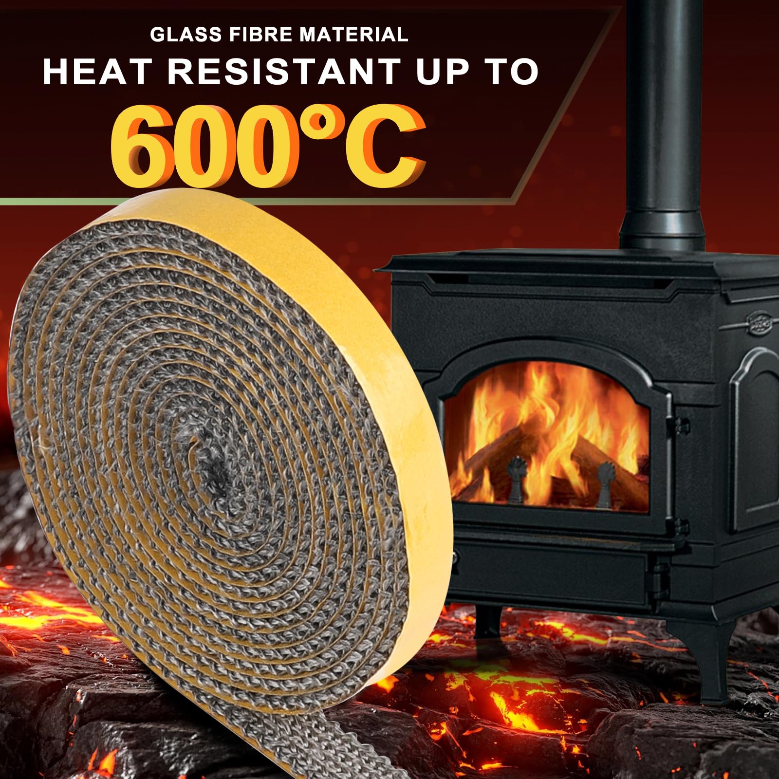 FIHODONE 2 fili di tenuta per stufa, spessore 2 mm, resistente al calore fino a 550 °C, nastro sigillante nero, lunghezza 2 m, 1 cm, nastro adesivo per camini, stufe e accessori