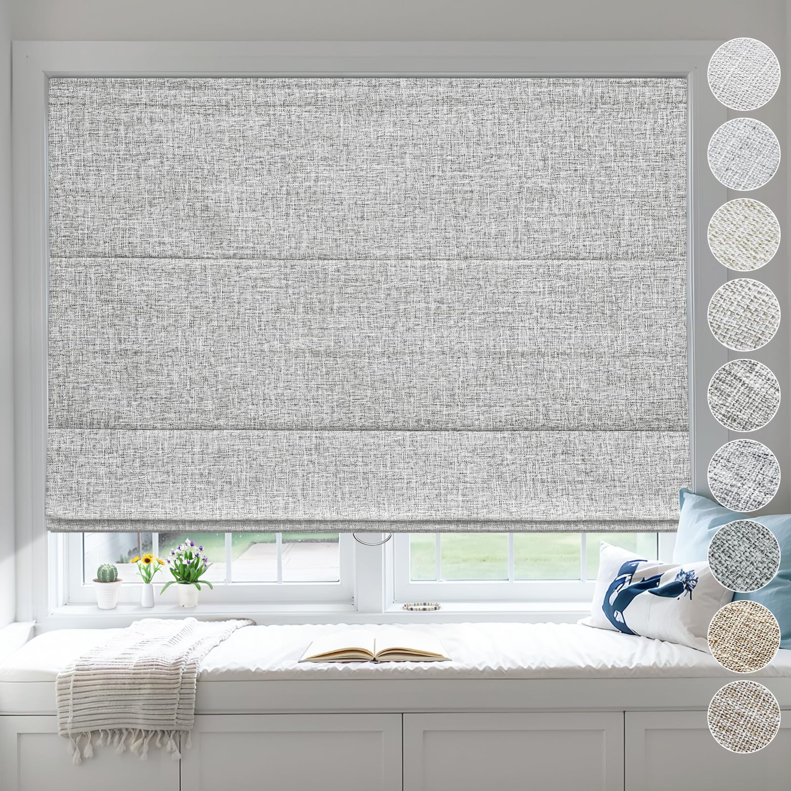 Moonice Cordless Roman Blinds Blackout Linen Roman Shades Waterproof Fabric Shades for Indoor Windows Thermal Insulated Window Blinds for Bedroom Home Office Sliver Grey, 60cm W x 150cm H
