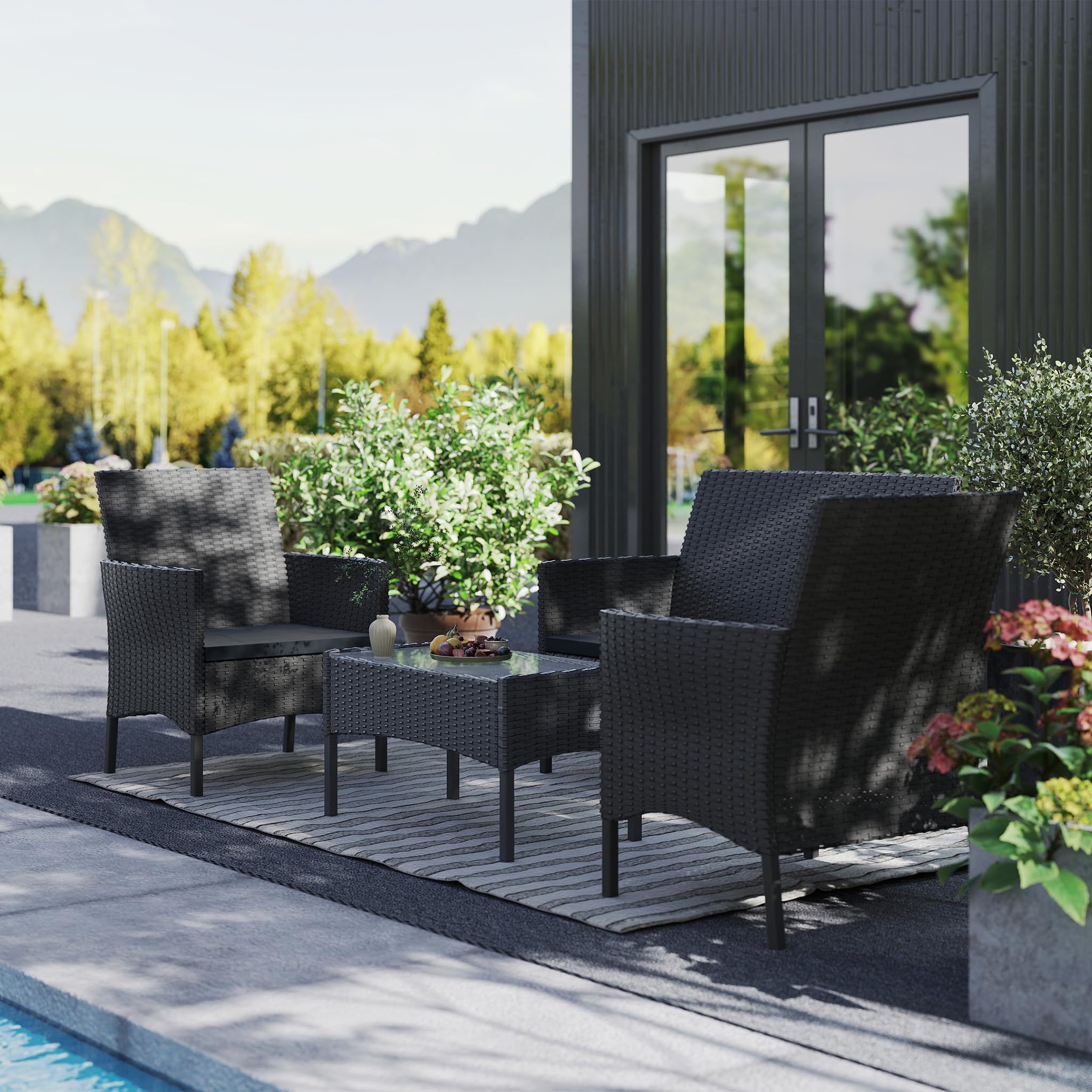 UISEBRT Mobili da giardino in polyrattan per 4 persone, con 1 divano doppio, 2 divani singoli, 1 tavolo con piano in vetro e cuscino, per esterni, resistenti alle intemperie, per terrazza, giardino