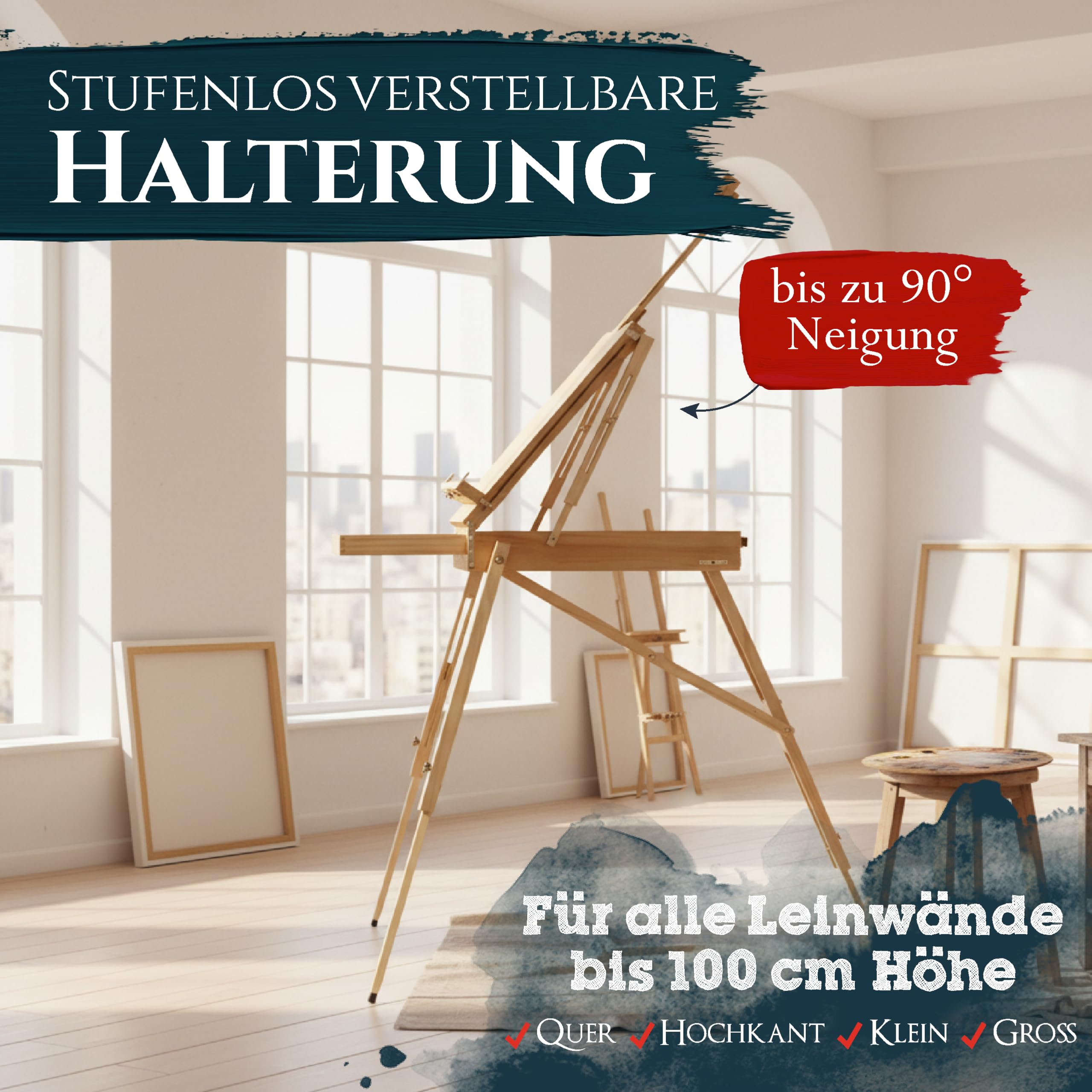 Artina Staffelei Holz Groß Leinwand bis max. 100cm mit 90° Neigung | Tischstaffelei Kofferstaffelei mit integriertem Malkoffer & Holzpalette Vielseitige Holzstaffelei Malerstaffelei Madrid