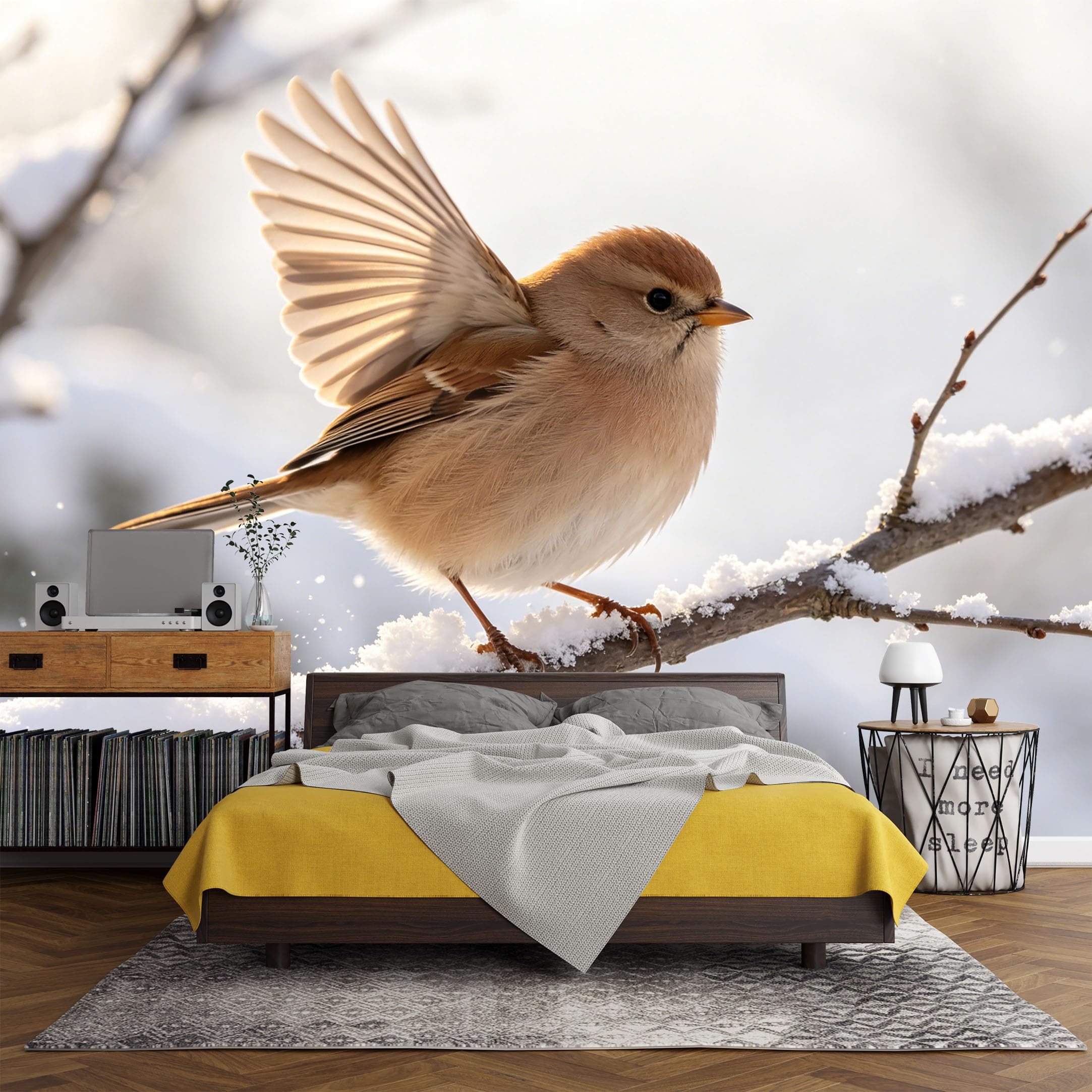 Custom Size Wall Mural Snowy Winter Bird Landscape Wildlife Nature，SelfAdhesive Art Prints wall Fabric（No PVC） Removable Wallpaper Living Room Decor