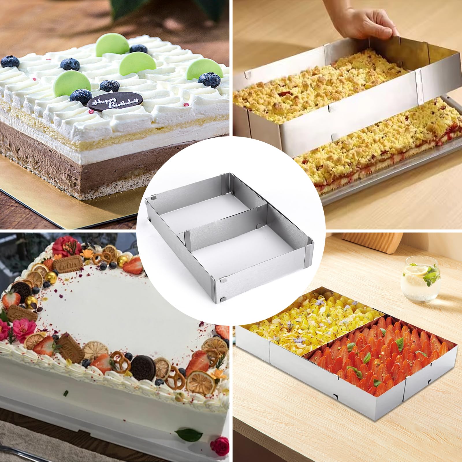 Anicy Cornice da forno rettangolare regolabile – anello per torta regolabile riutilizzabile in acciaio inox stampo rettangolare con divisore per torte, pizza e decorazione