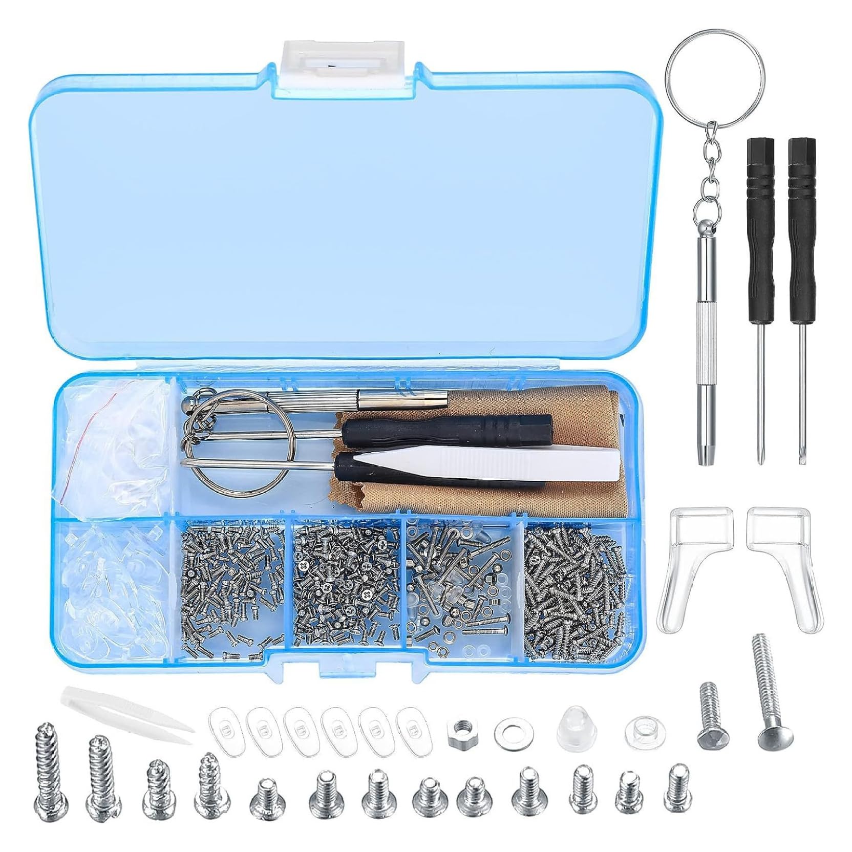 Hotainoys Blue Eyeglasses Repair Kit, Sunglasses Repair Kit Includes Screws, Lens Cloth & Tweezers, Screwdriver & Nose Pads, Ideal For Home, Shop Eyeglasses