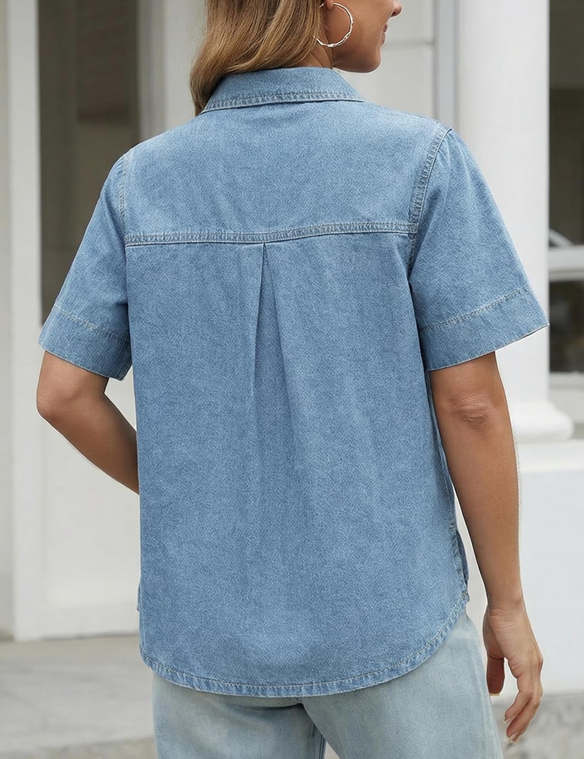 Denim Shirt Women Short Sleeve Button Down Jean Shirt Casual Denim Top with Pockets