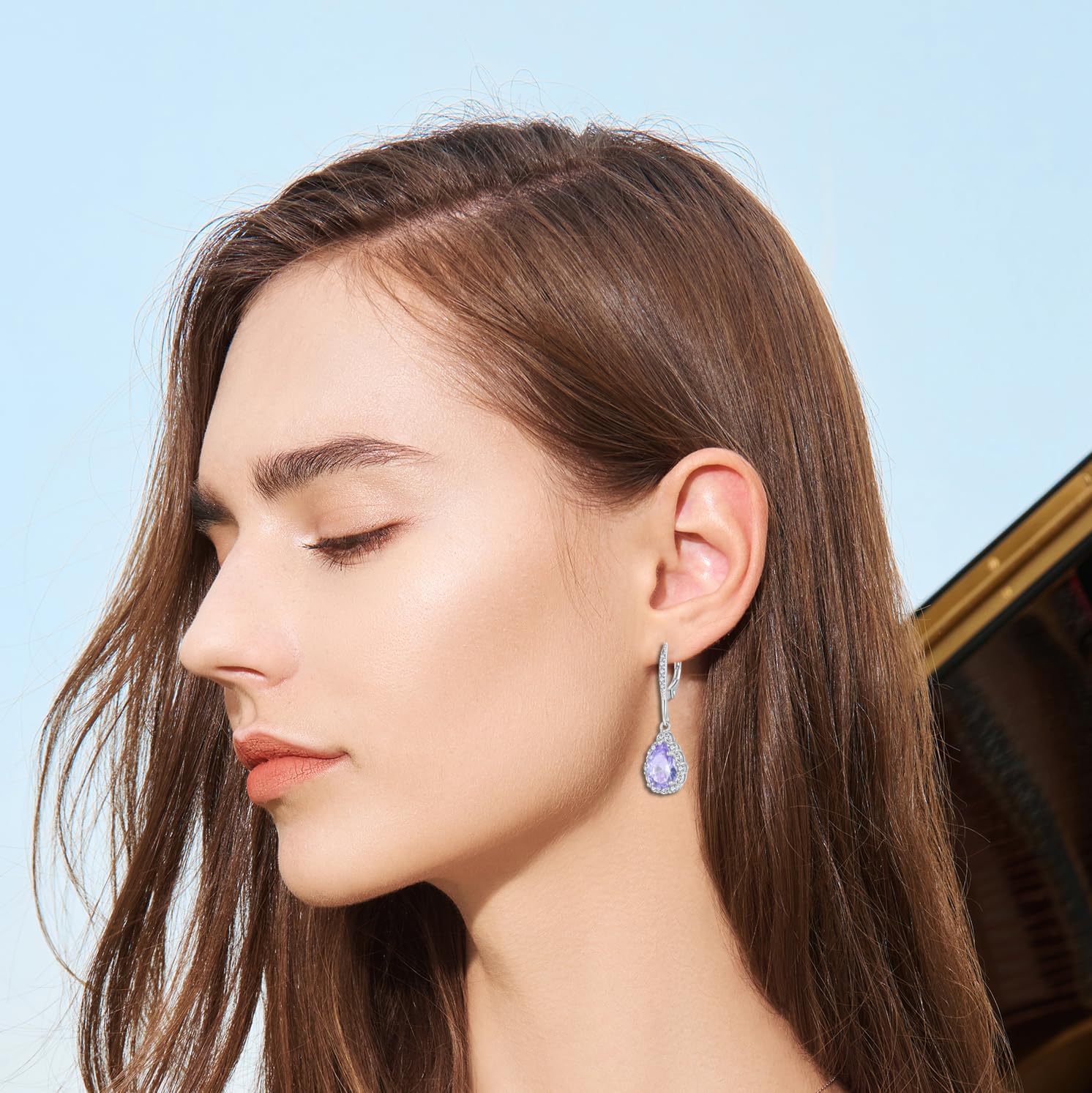 Women Earrings 925 Sterling Silver Birthstone Halo Teardrop Drop & Dangle Earrings Leverback Earrings 7 * 10mm 5A Cubic Zirconia Jewelry