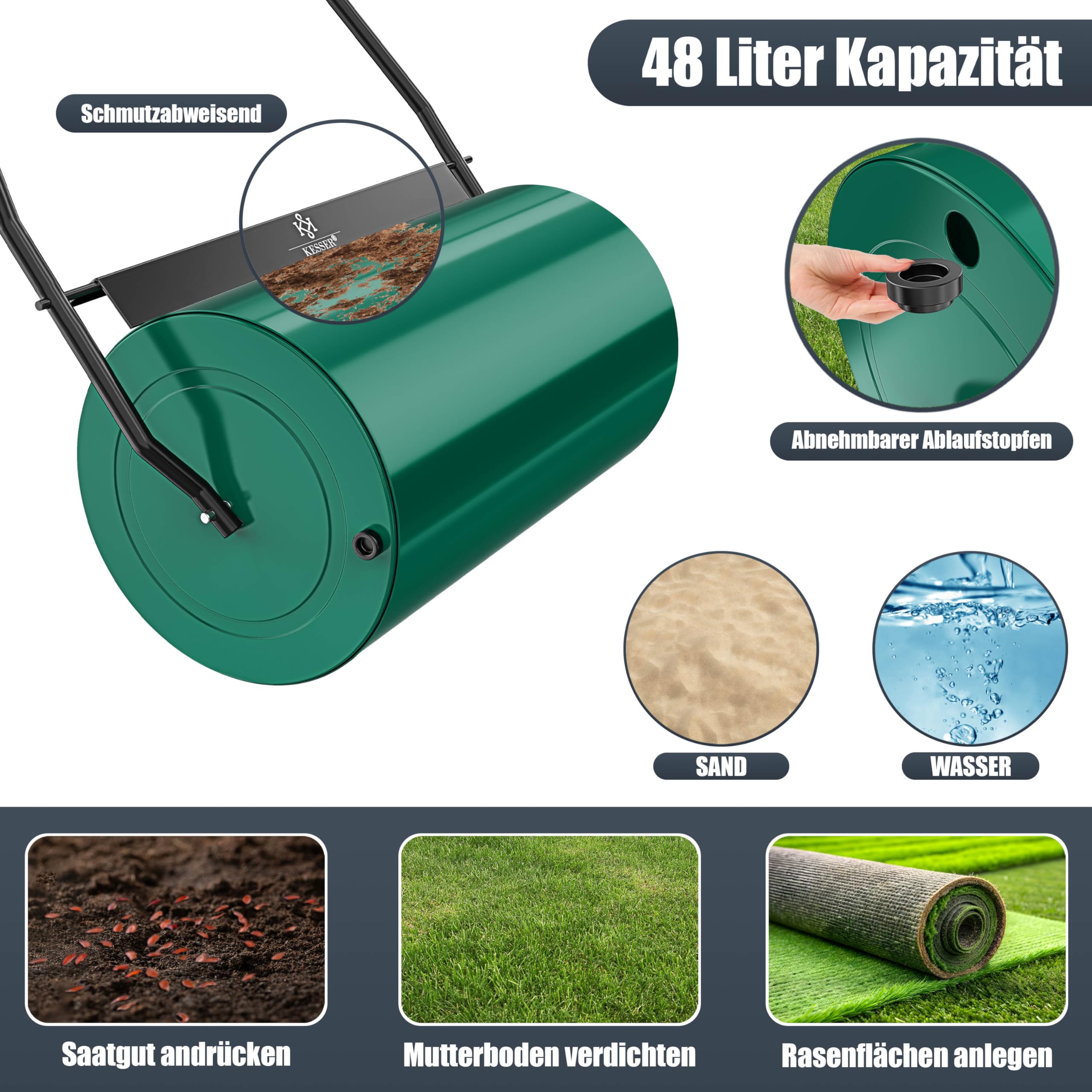 KESSER® Rouleau à Gazon 60cm 48L Volume Remplissage Métal déflecteur saleté & Gants Rouleau à Main Rouleau à Gazon Rouleau Jardin Rouleau agricole Rouleau pouvant être rempli d'eau/Sable 60 kg Vert