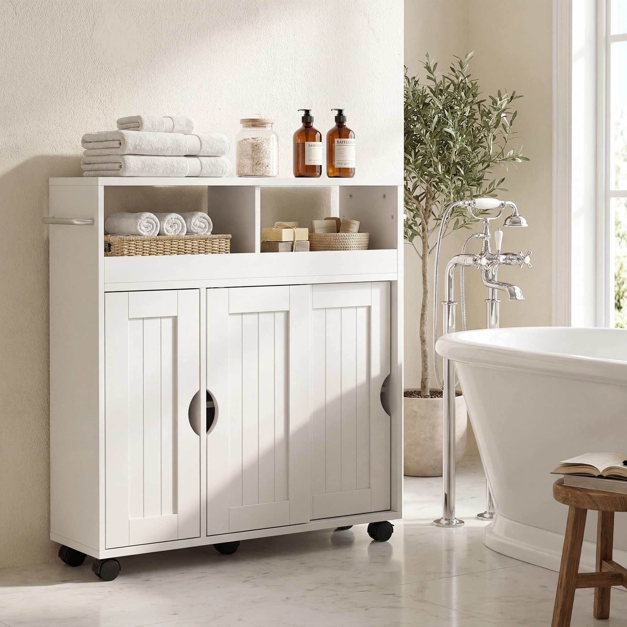 GIANTEX Badezimmerschrank mit Rollen, schmaler Badschrank mit verstellbarem Regal, Schiebetür, offene Fächer & Handtuchhalter, Nischenschrank Aufbewahrungsschrank für Wohnzimmer, Küche, 75x20x72 cm