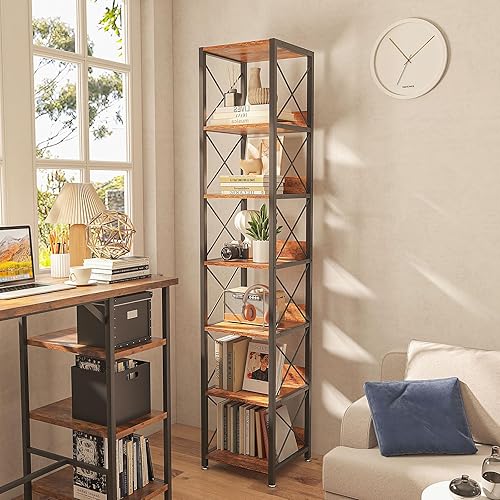 Miniatura 7 de IBUYKE Estantería alta y estrecha de 6 niveles, estante esquinero de madera para espacios pequeños, estantería abierta de pie libre, torre cuadrada