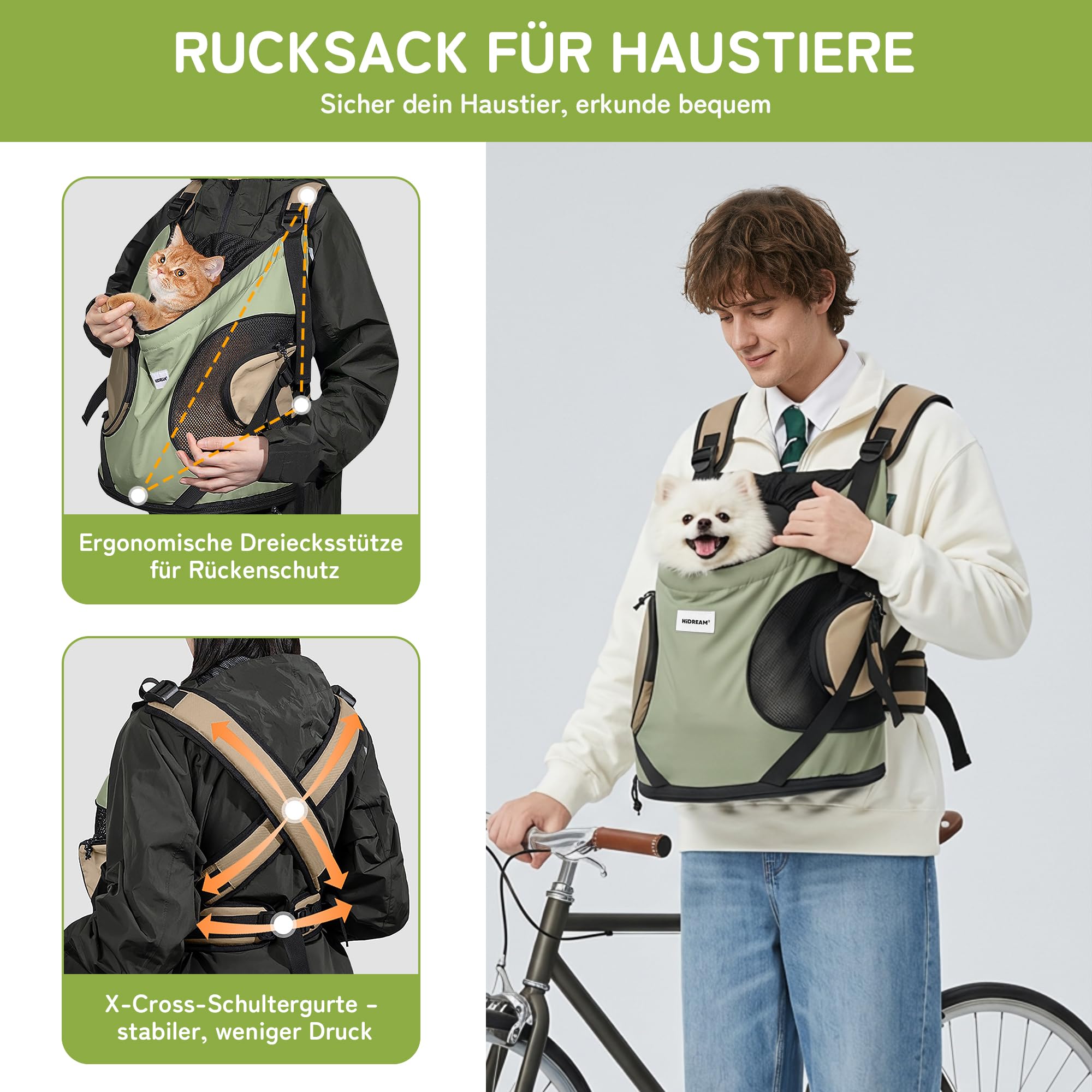 ALLSOPETS Hundetragerucksack, Tragbarer Haustiertragerucksack für Katzen Hunde Welpen, Integrierter Sicherheitsgurt, Ergonomisches Design, Atmungsaktiver Hunderucksack für Motorrad (Olivgrün)