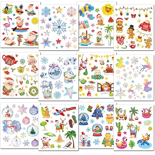 Miniatura 2 de CHARLENT Tatuajes de Navidad con purpurina para suministros de fiesta de niños, 12 hojas de tatuajes de Navidad para niños, recuerdos de fiesta de