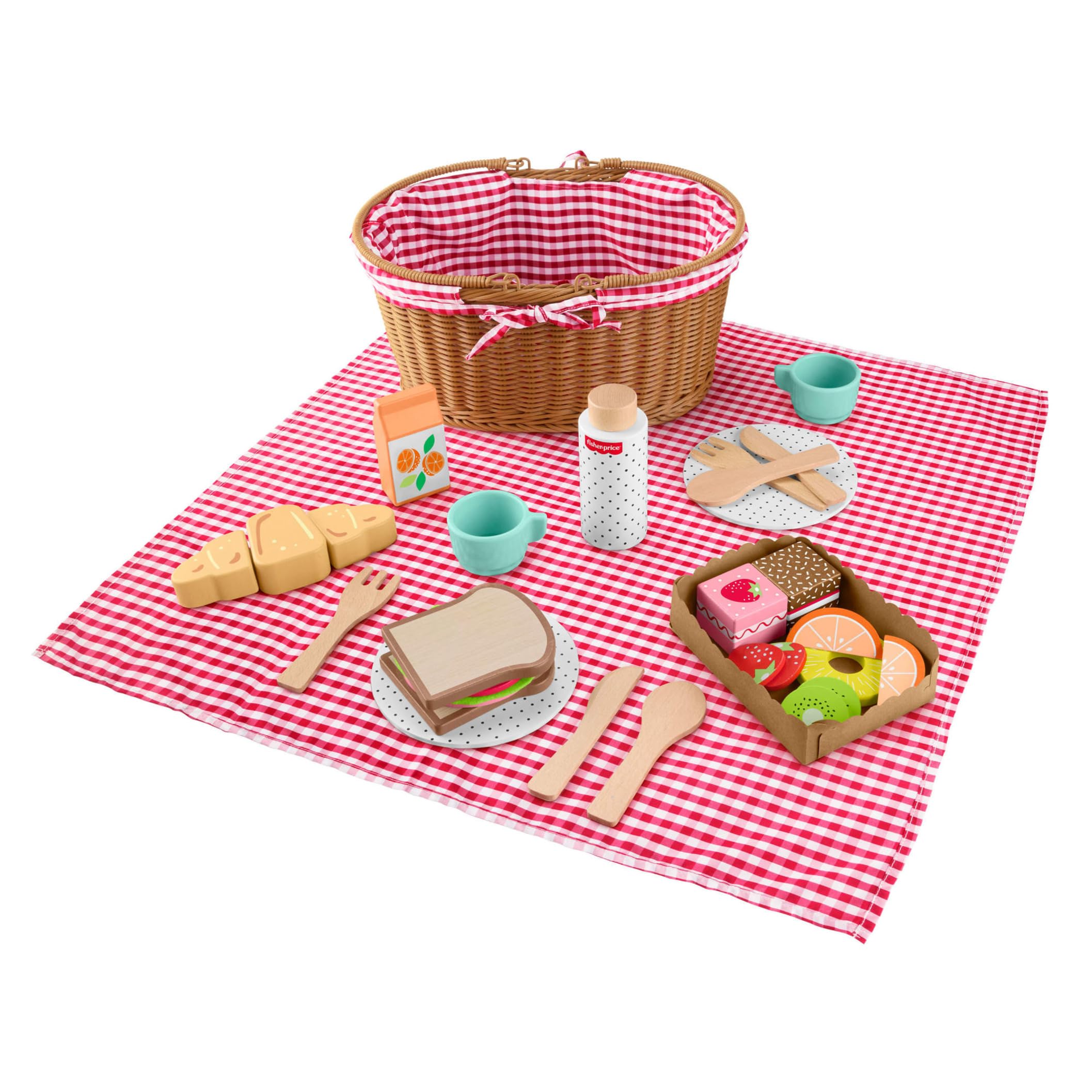 Fisher-Price Juego de cesta de pícnic de madera con comida, juguete de preescolar de imitación con 31 artículos, para niños y niñas a partir de 3 años, HXT81