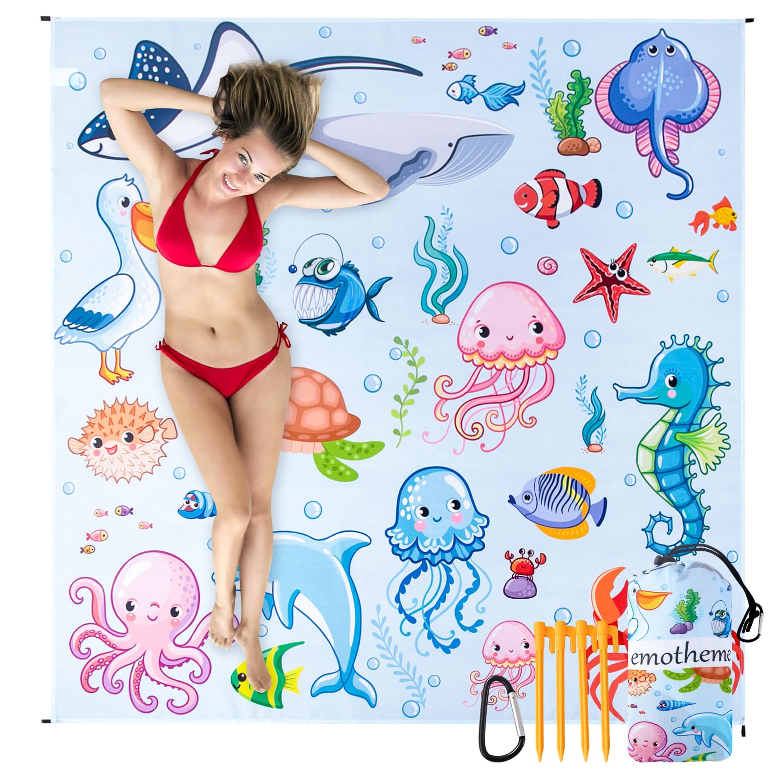 Beach Blanket, Sandproof Beach Mat 79" X 82" for 4-7 Adults, Large Waterproof Beach Blanket Quick Drying Lightweight Beach Blanket with 4 Stakes for Travel Camping Hiking (Ocean)