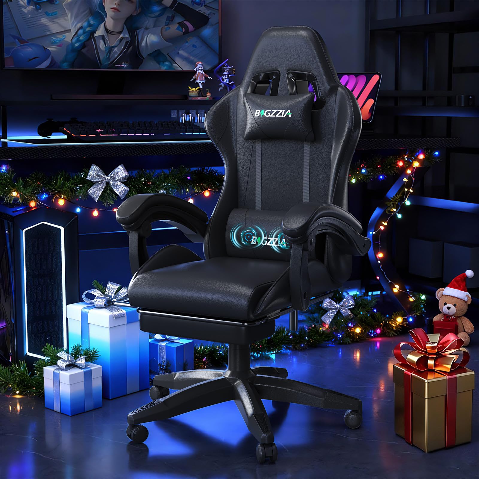 bigzzia Chaise Gaming avec Fonction Massage, Ergonomique Chaise de Gaming Ergonomique avec Coussin Lombaire Massant, Fauteuil Gaming réglable et pivotant capacité de Charge 150 kg