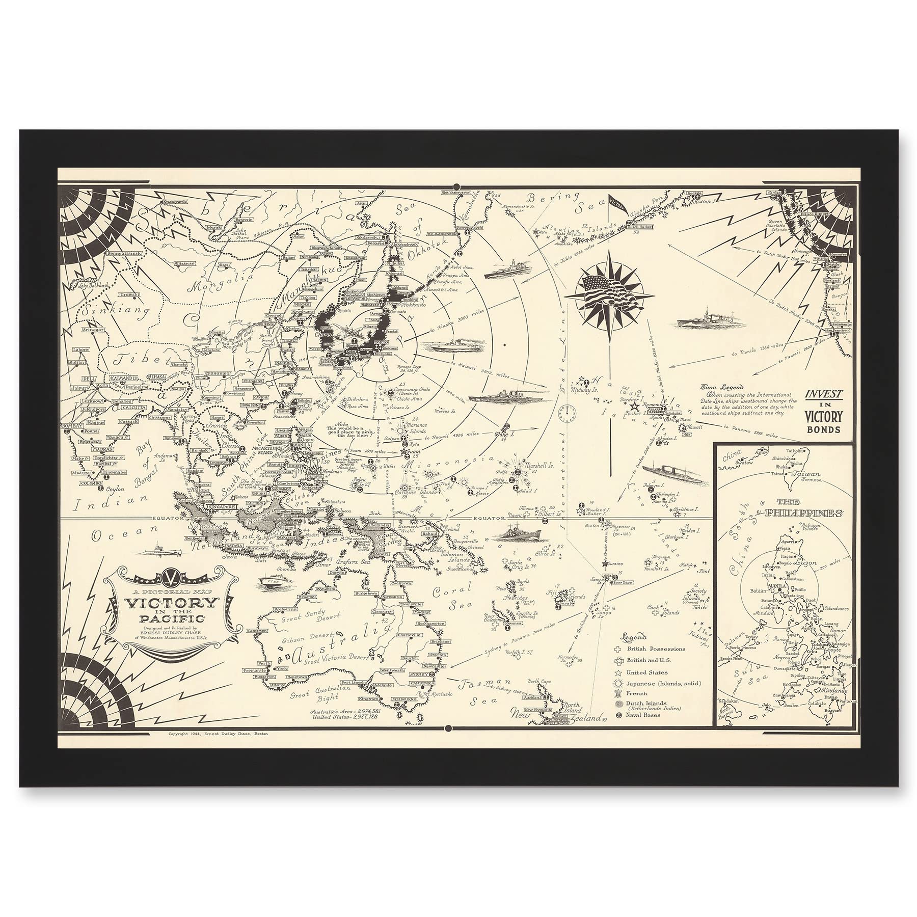 Artery8 Map Ernest Dudley Chase 1944 Pacific Victory Japan World War 2 WWII Artwork Framed Wall Art Print A4