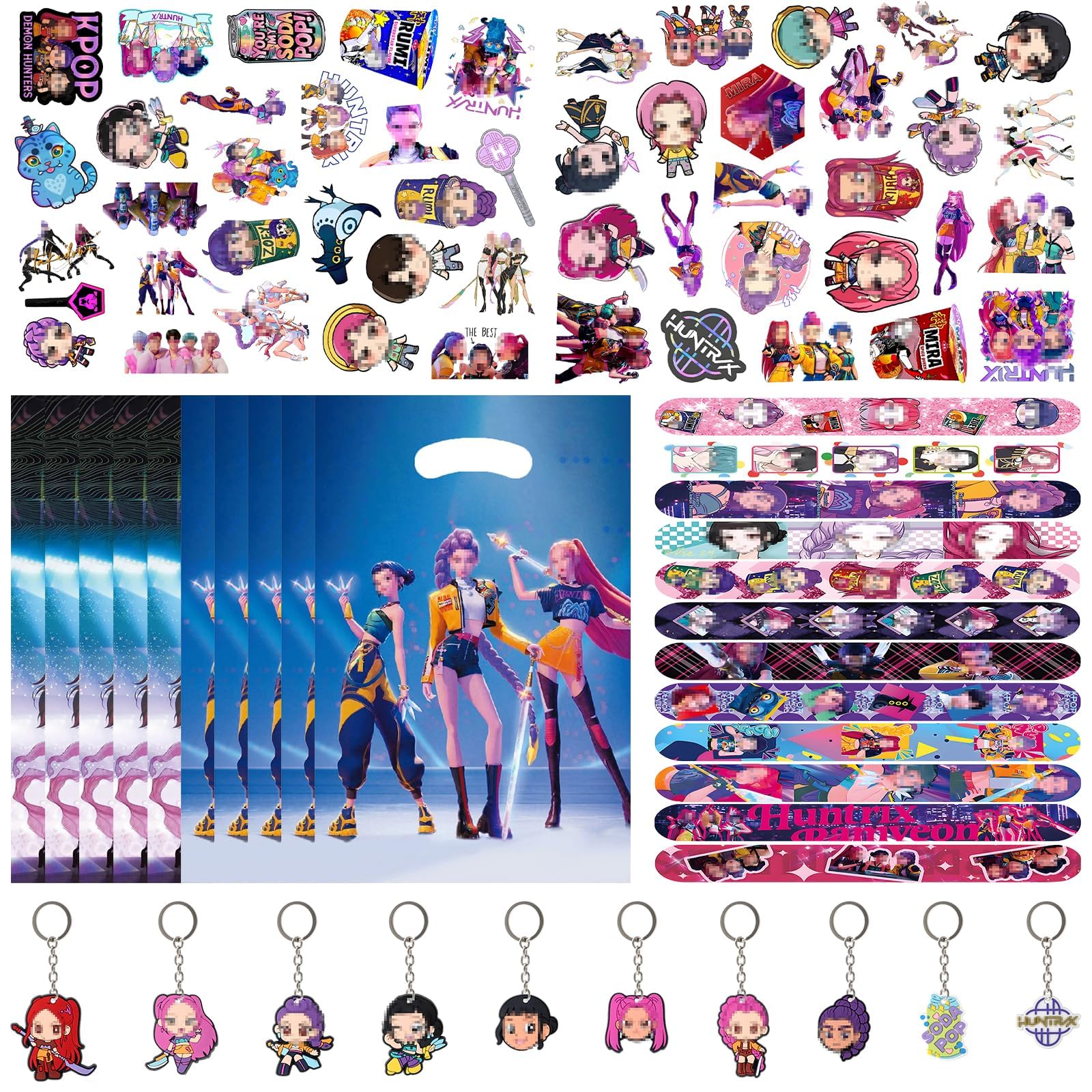 Mitgebsel Kindergeburtstag Gastgeschenke, 82pcs Hunter-Anime Design Mitbringsel Set mit Geschenktüten Schnapparmbänder Schlüsselanhänger Aufkleber, Party Kleine Geschenke & Give Aways für Mädchen