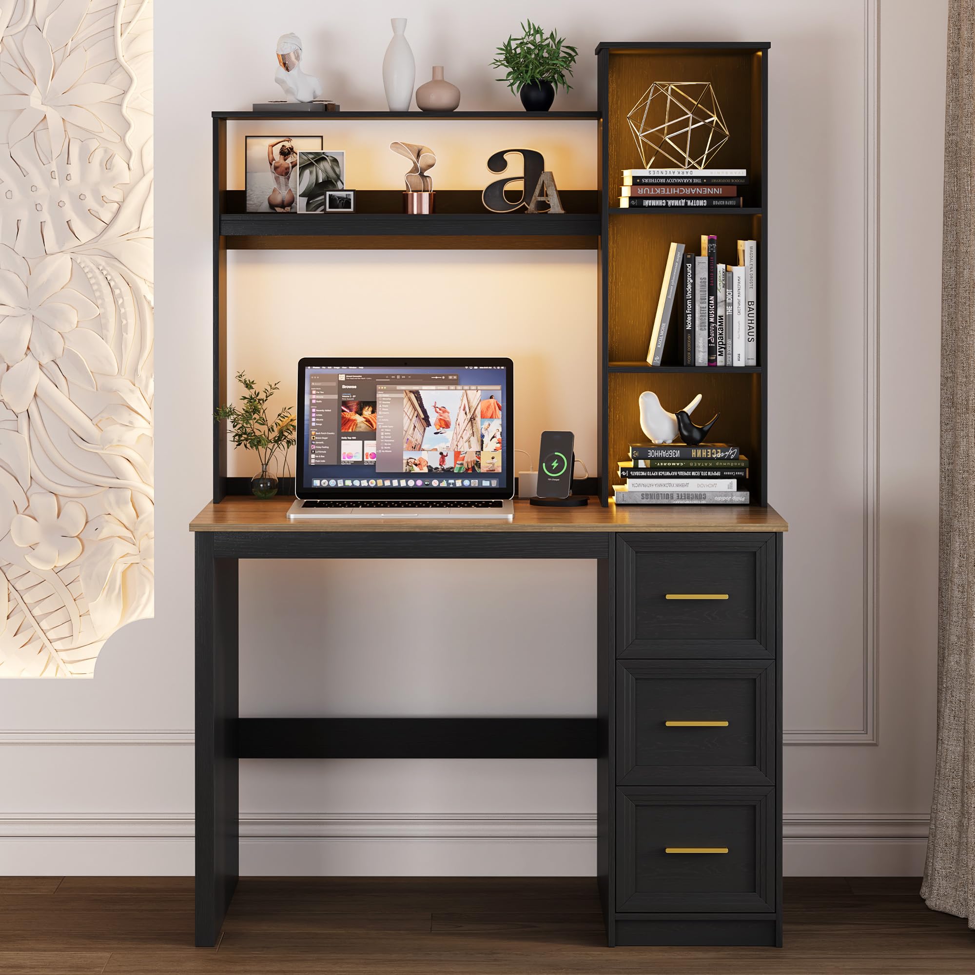 Lvifur Desk - with 2 Power Outlets and USB/Type-C,Smart Study Table with LED Lighting,3 Drawers,Multiple partition Space,Computer Desk 55 x 100 x 168 Cm Suitable for Bedroom,Living Room,Study(Black