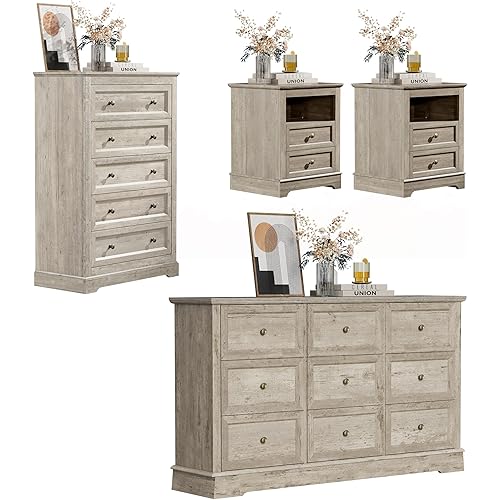 KIGOTY Dressers Bedroom Set of 3, 3 Piece Farmhouse Dresser Set, 9 Drawer Dresser and 5 Drawer Dressers Set of 2, Bedroom Furniture Set (Gray, 9 Drawer(53")+Nightstand+5 Drawer)