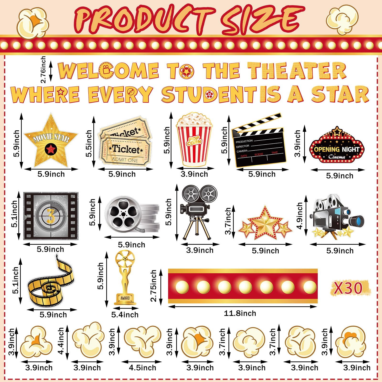 Mooliwe Juego de 93 tableros de anuncios de película, kit de decoración de noche de cine, tablero de anuncios de noche de cine, bordes de fiesta de cine, decoración de cine para el hogar, aula,