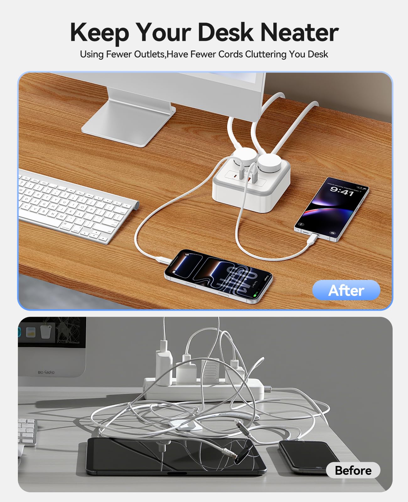 ORICO Regleta Enchufes con USB C 20W, Regleta de 3 Metros con 2 Tomas y 4 USB (2 USB-C), Diseño Compacto con Agujeros de Montaje y Pies Antideslizantes, 2500W, para Mesa o Pared, Blanco - APD — view 6