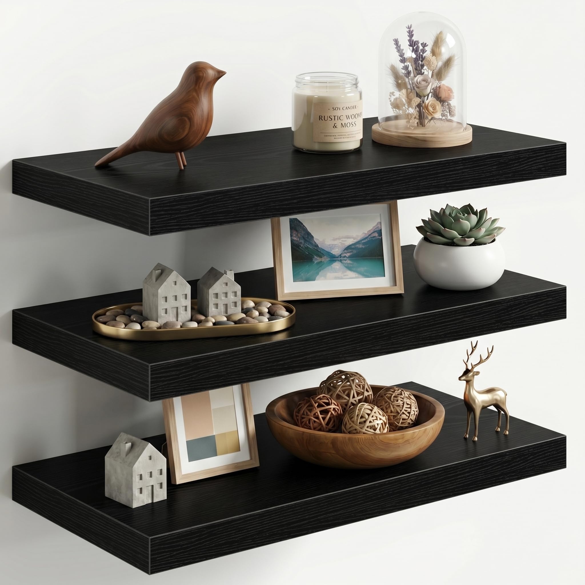 Fun Memories 24 Inch Floating Shelves for Wall, 12" Deep Extra Thick Wood Shelves with Invisible Bracket, Large Wall Mounted Storage Shelf for Living Room Bedroom Kitchen, Black, Set of 3