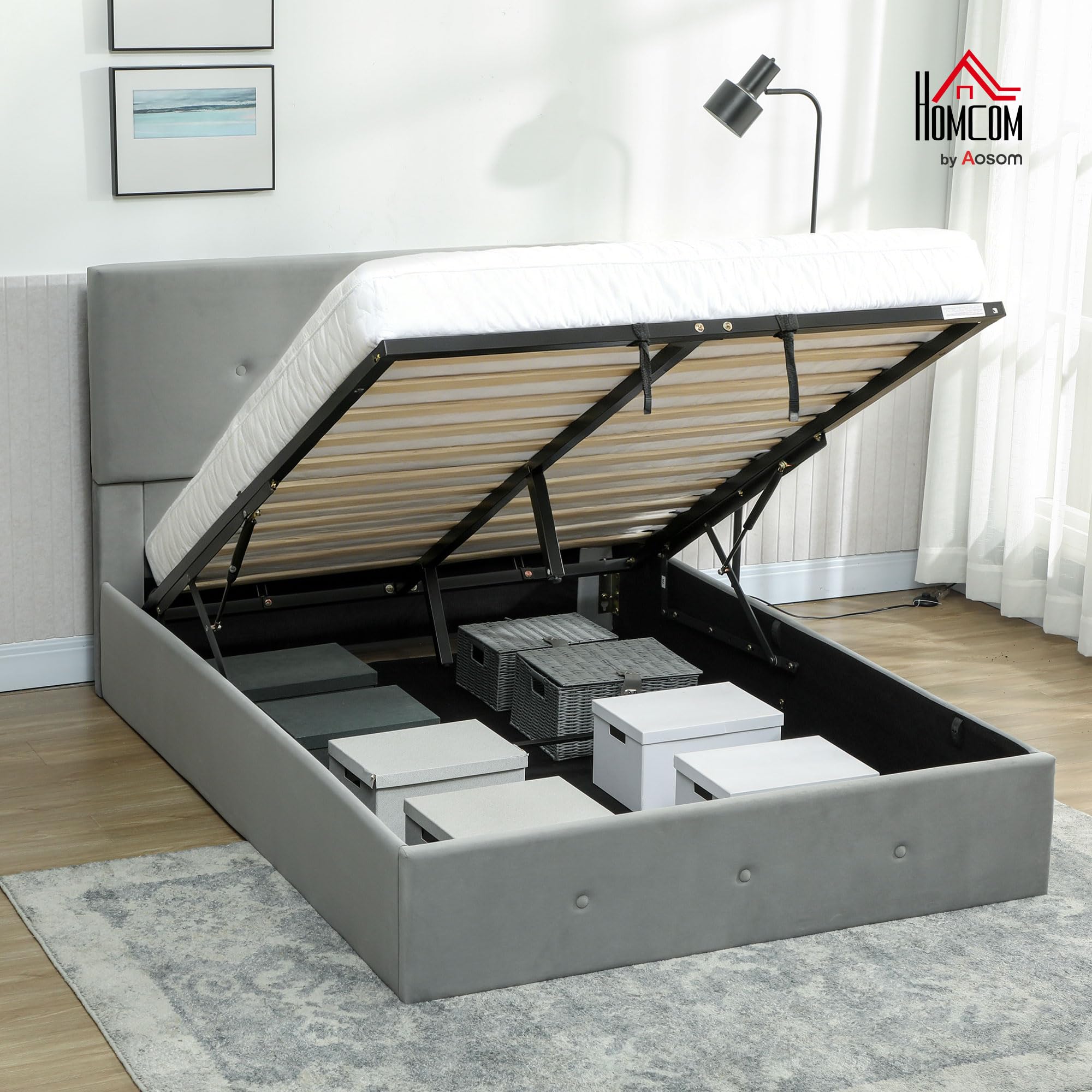 HOMCOM Struttura Letto Matrimoniale 140x190 cm con Contenitore Grigio