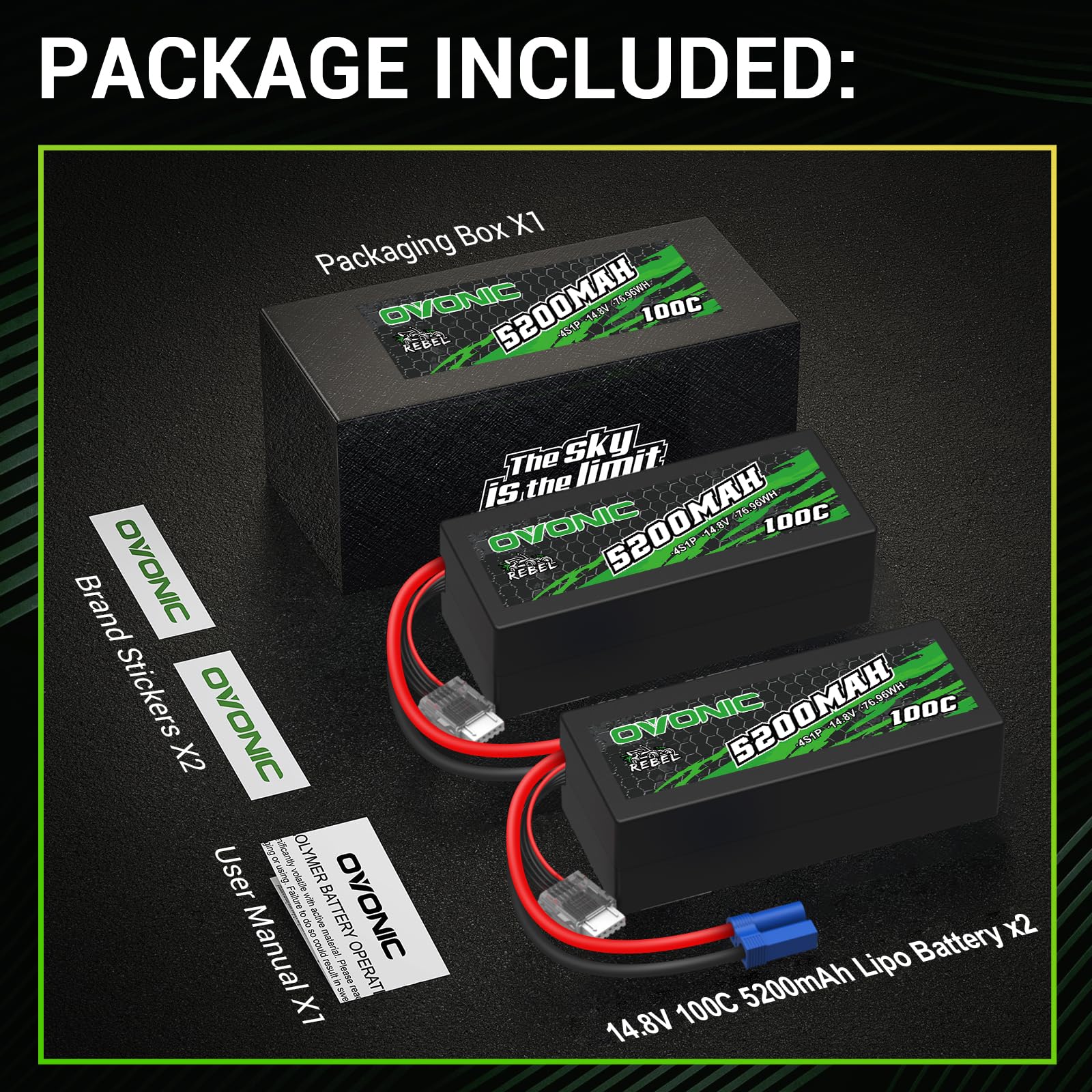 OVONIC Batteria Lipo da 4 s, 14,8 V, 100 C, 5200 mAh, con spina a T per RC auto, Truggy, quadricottero, elicottero, camion, barca, aereo (2 pezzi)