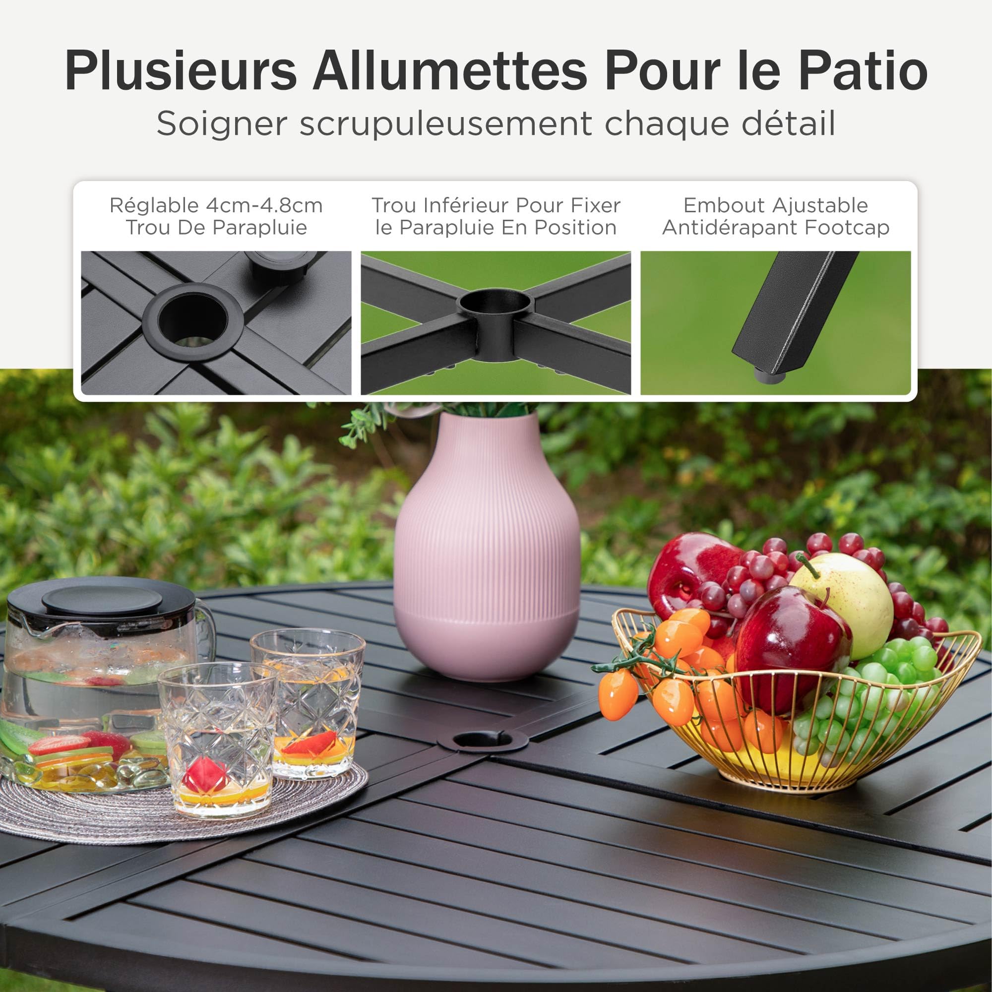 PHI VILLA Table a Manger de Jardin Exterieur, Table d'appoint Cuisine à Manger avec Trou de Parasol pour Terrasse 4 Personnes Ronde Fer Forge
