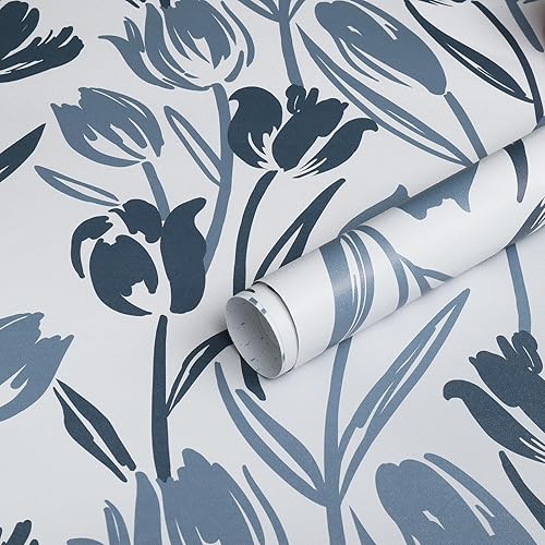 Miniatura 2 de Papel tapiz floral de tulipanes azules de 16.1 x 118 pulgadas para dormitorio, papel tapiz autoadhesivo extraíble, impermeable, papel de contacto