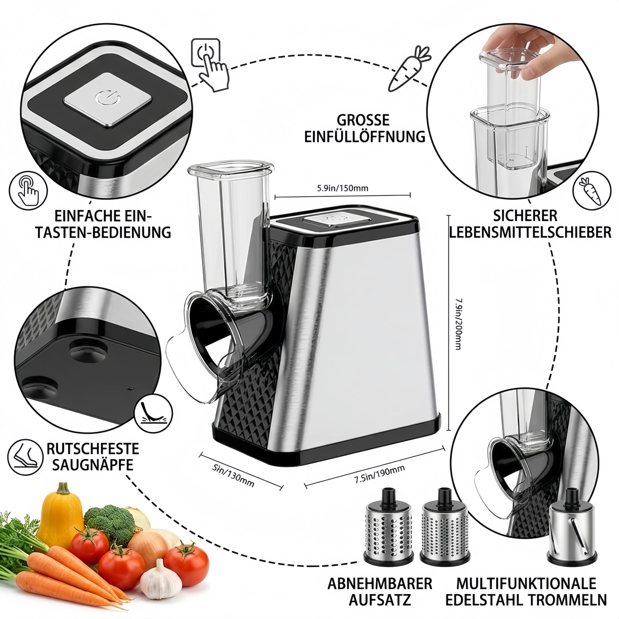 Elektrischer Gemüsehobel 500W, 5-in-1 Multifunktionaler Gemüseschneider mit 5 austauschbaren Klingen, Edelstahl Käseraspel für Kartoffeln, Karotten, Obst und Käse