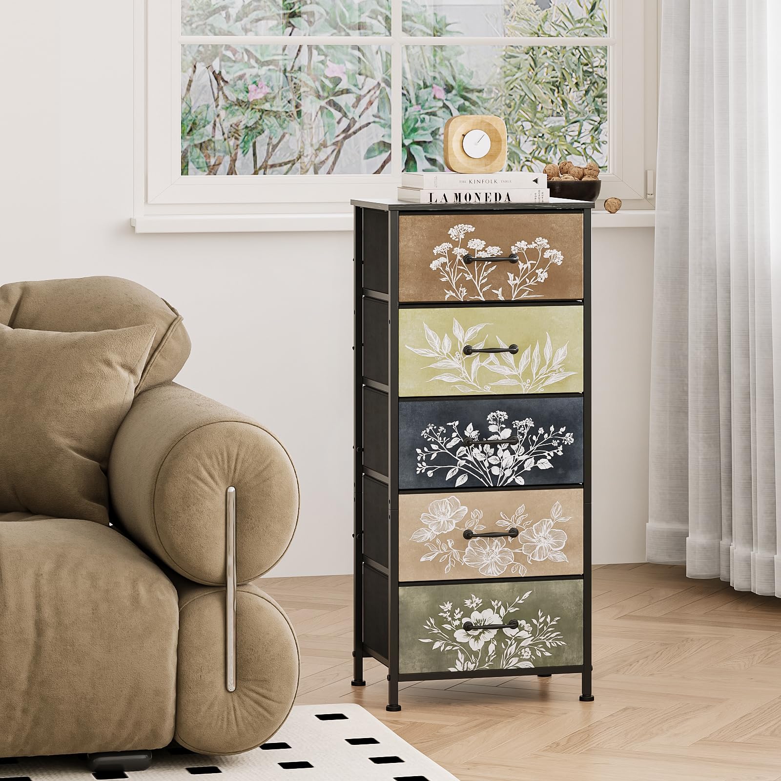 Cajonera de tela con 5 cajones de tela con diseño floral para dormitorio, sala de estar, habitación infantil y pasillo