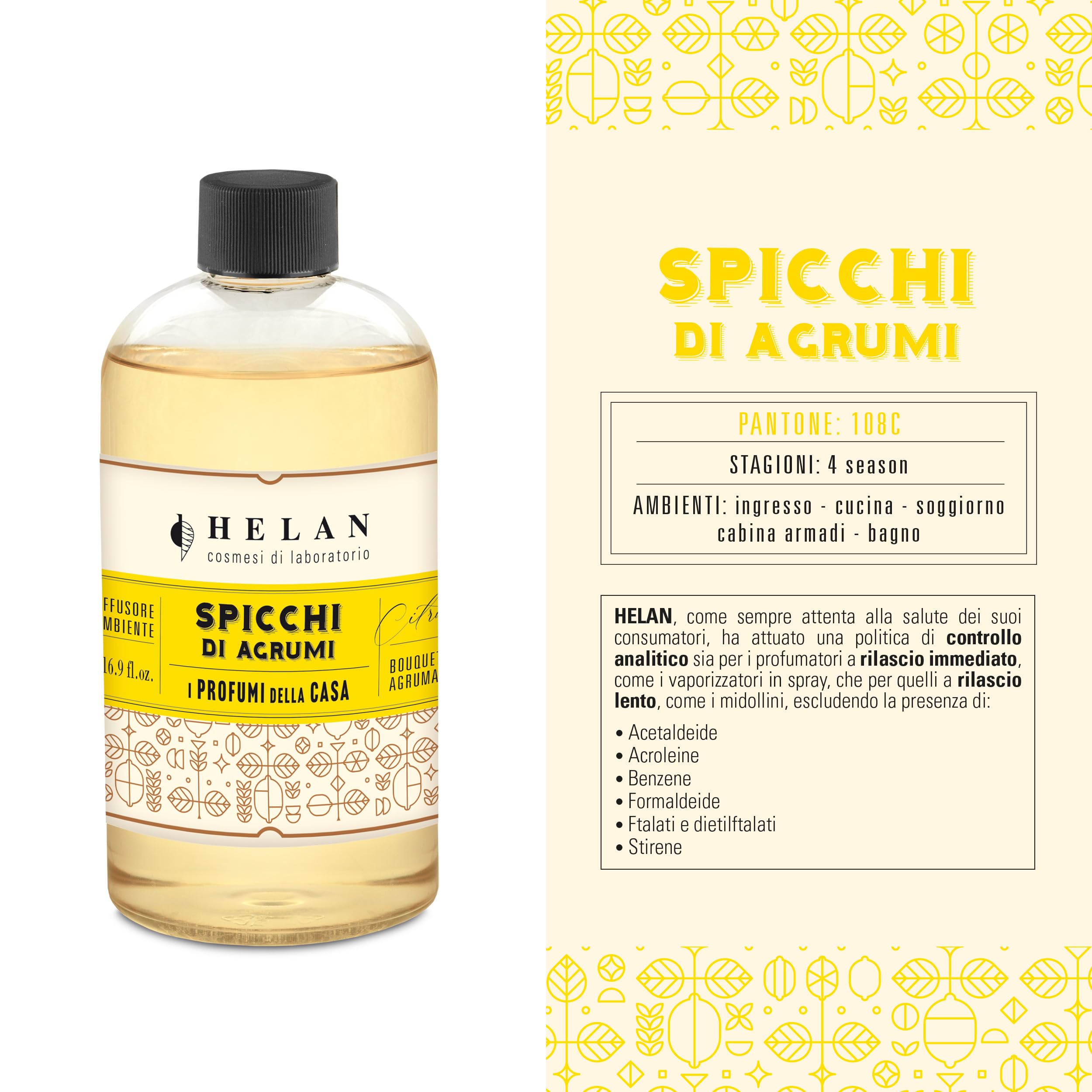Helan Spicchi di Agrumi - Ricarica Profumatore Ambiente, Ricarica Diffusore Bastoncini, Profumatore per Ambienti dalle Note Agrumate Acquatiche, Idee Regalo Profumatori Ambiente, 500ml - Made in Italy