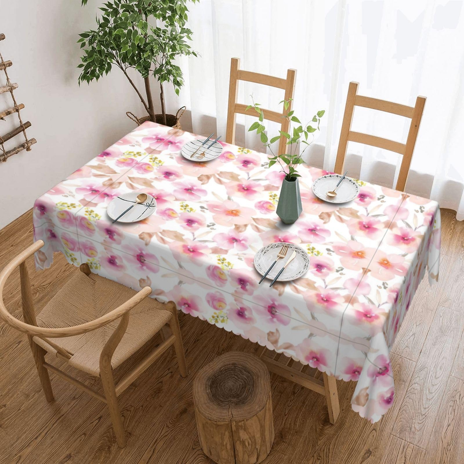 QAZWZML Watercolor Pink and Purple Floral Printed tablecloth, made of thick polyester with lace trim, suitable for dining rooms, picnics, and weddings