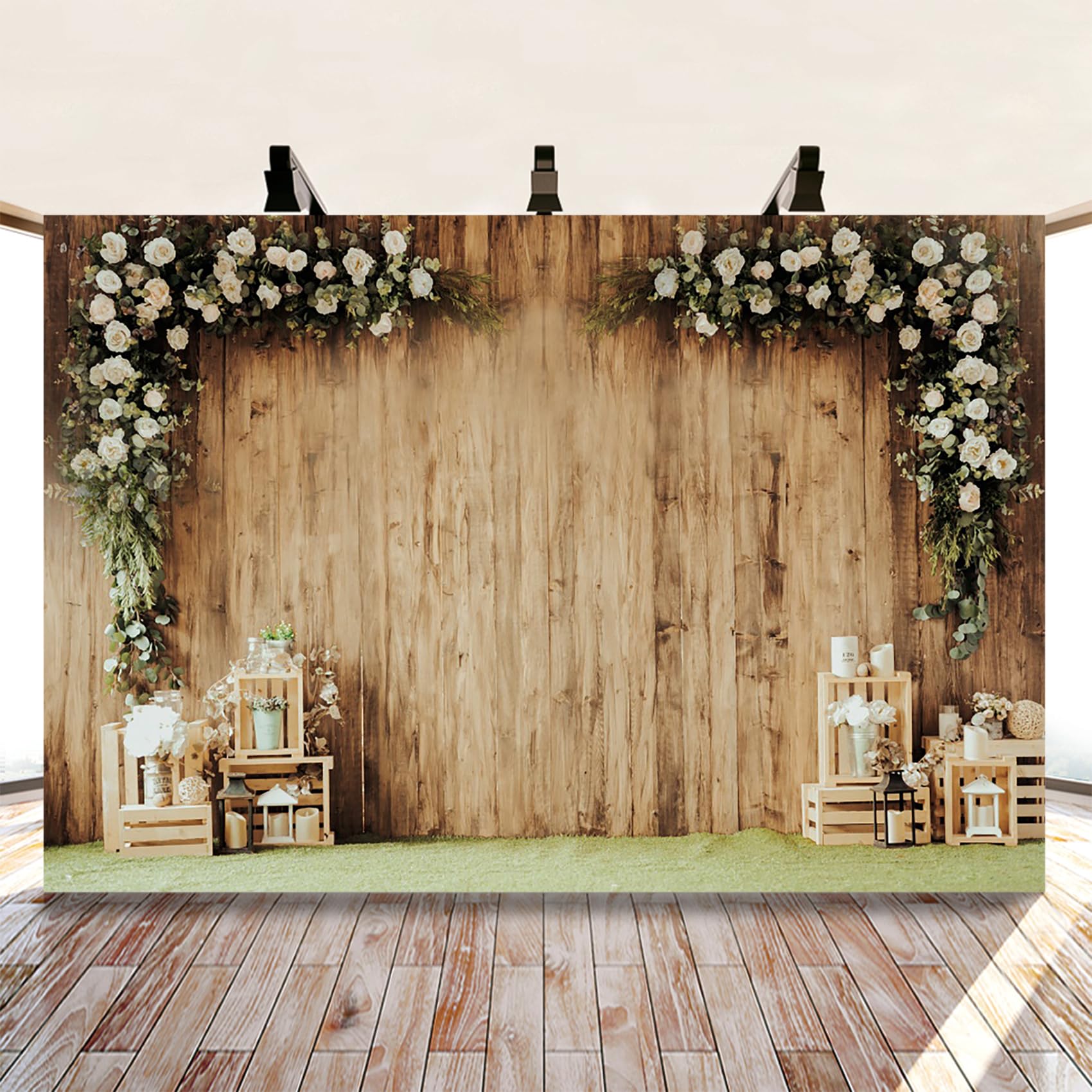 Fond de Mariage 3x2m Bois Rustique Fleur Blanche Jardin Secret Accessoires Studio Photo Portrait Vinyle