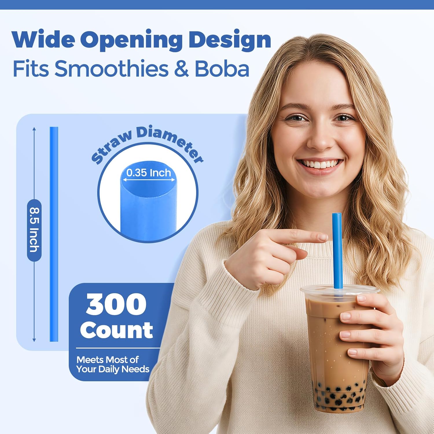 Glotoch Plastic Straws Disposable 300PCS, 8.5" Long Jumbo Smoothie & Boba Straws, Individually Wrapped Drinking Straws, Assorted Colors for Milkshakes, Bubble Tea & Party Cups