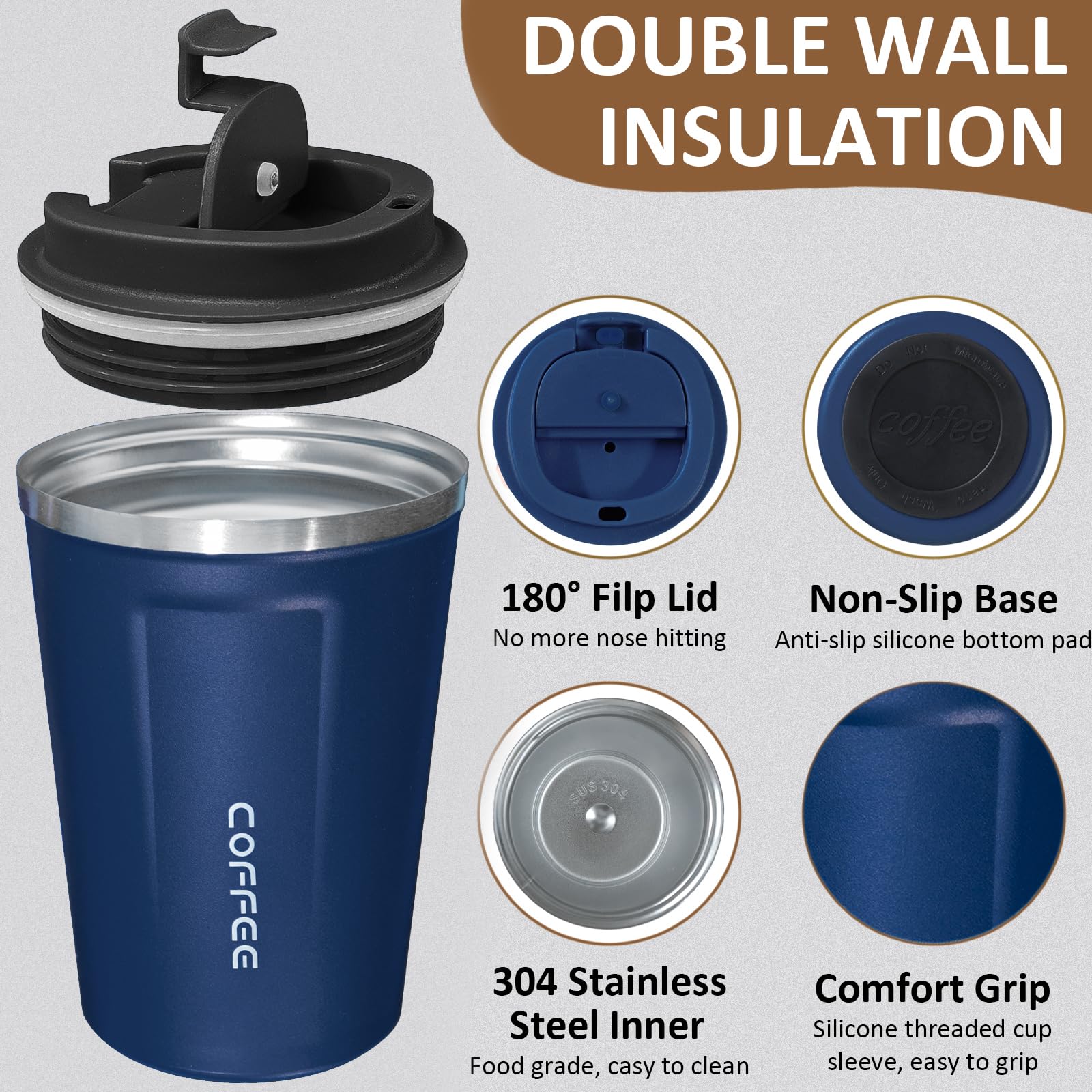 Paquete de 4 vasos de café aislados con tapa, taza de café de viaje de acero inoxidable de 17 onzas, taza de café reutilizable para mantener bebidas frías y calientes para coche, diario
