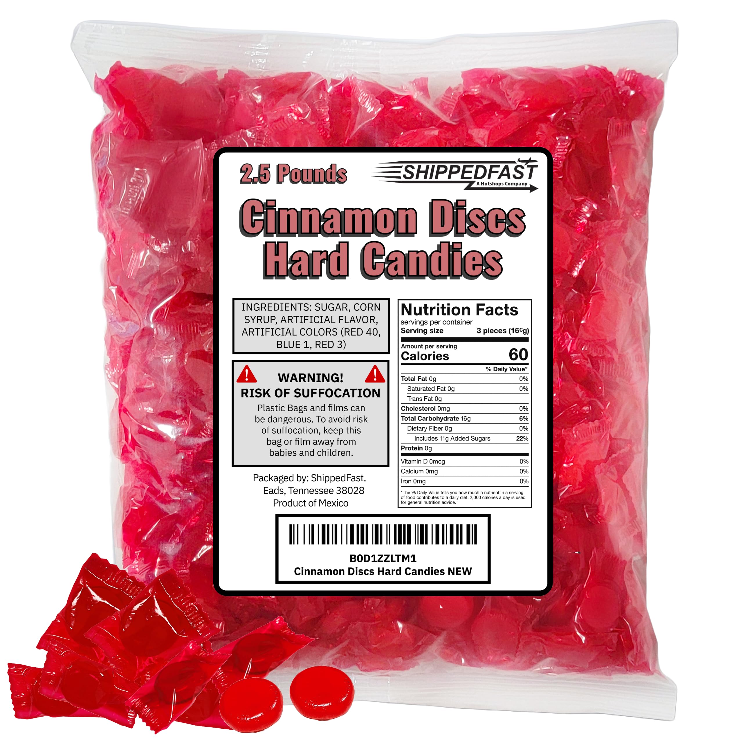 Cinnamon Discs Hard Candies - 2.5 Pounds of Individually Wrapped Red Cinnamon Candy Disks (Approx 220 Pieces).
